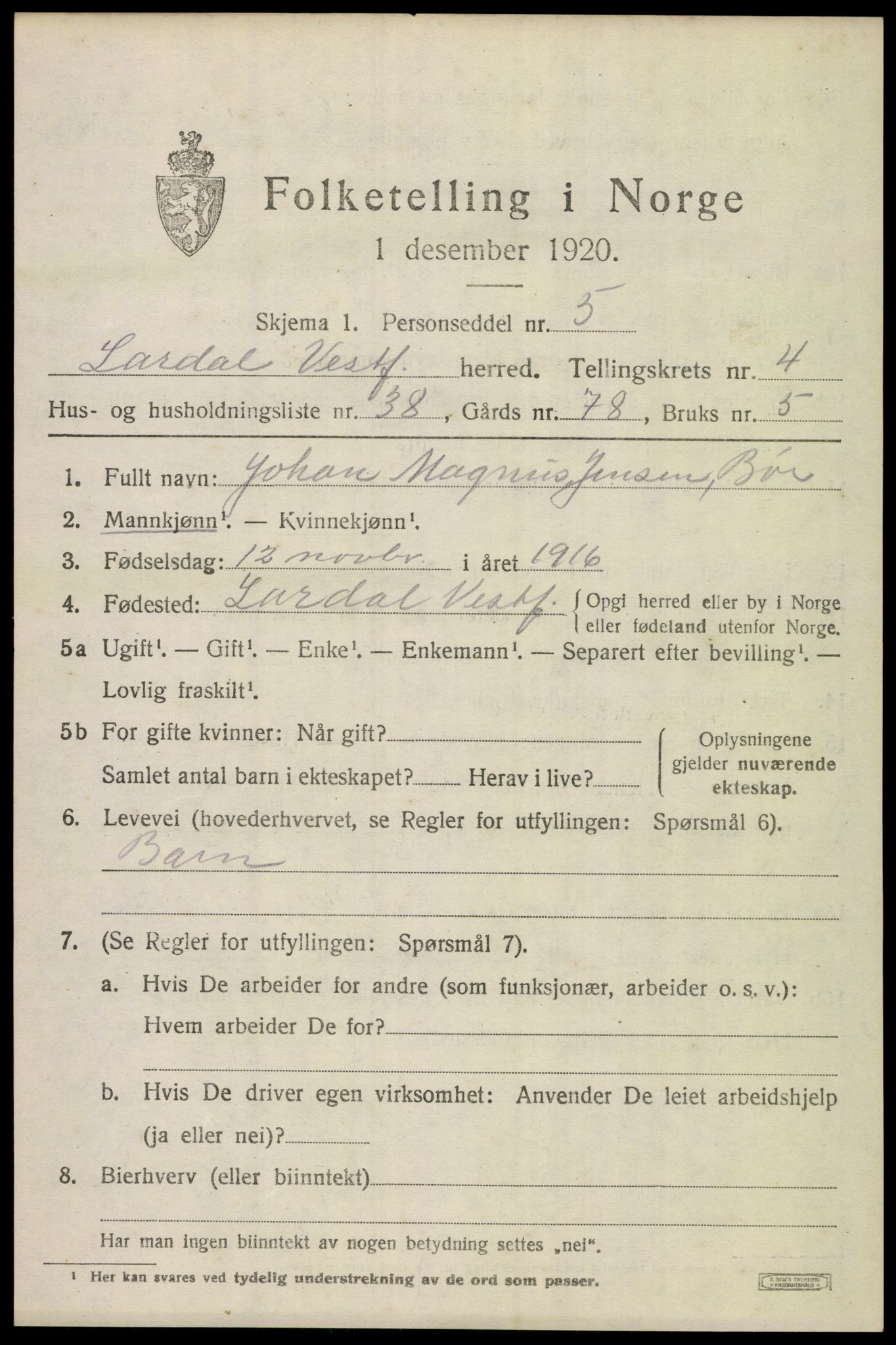 SAKO, 1920 census for Lardal, 1920, p. 3991