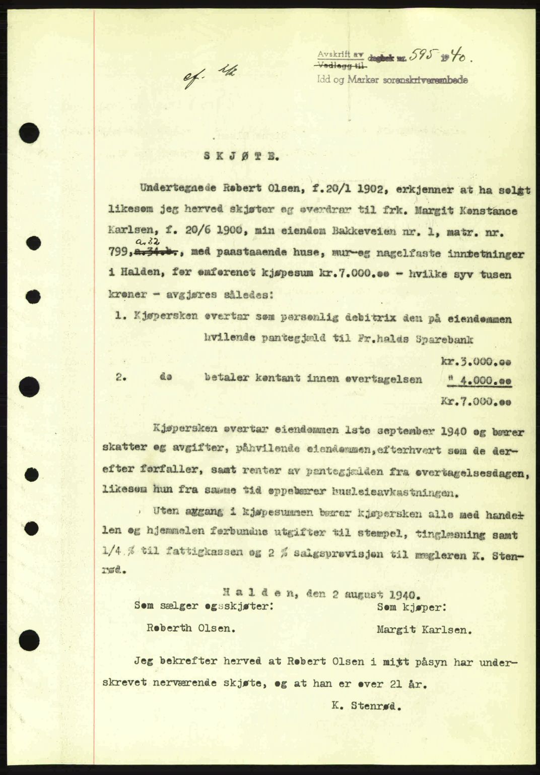 Idd og Marker sorenskriveri, AV/SAO-A-10283/G/Gb/Gbb/L0004: Mortgage book no. A4, 1940-1941, Diary no: : 595/1940