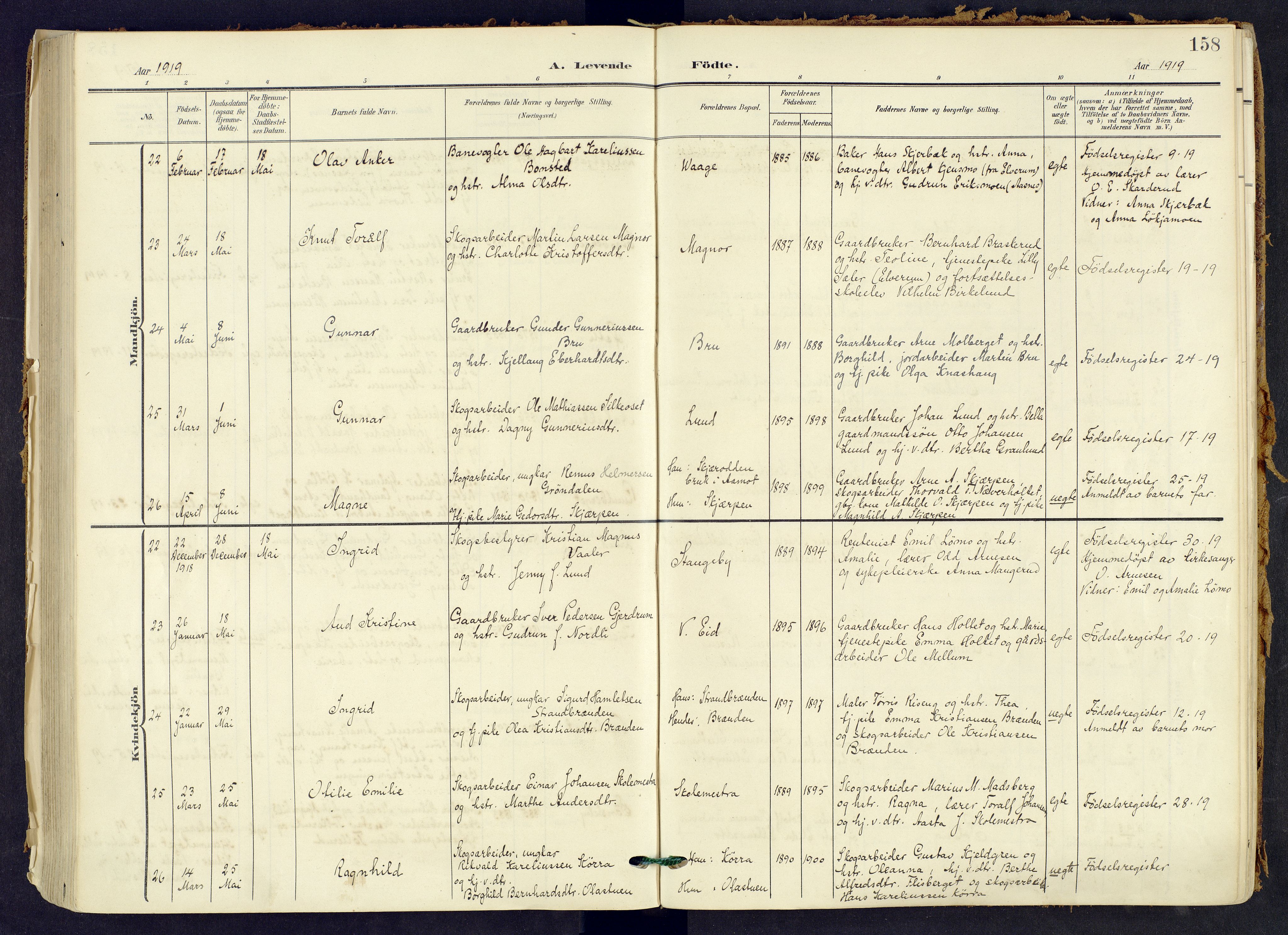 Våler prestekontor, Hedmark, AV/SAH-PREST-040/H/Ha/Haa/L0008: Parish register (official) no. 8, 1905-1921, p. 158