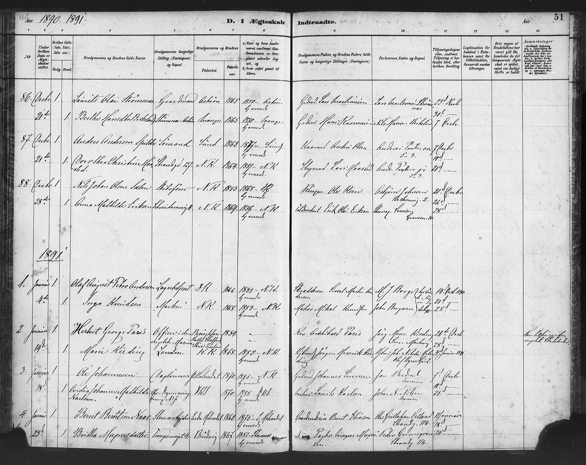 Nykirken Sokneprestembete, AV/SAB-A-77101/H/Haa/L0033: Parish register (official) no. D 3, 1884-1895, p. 51