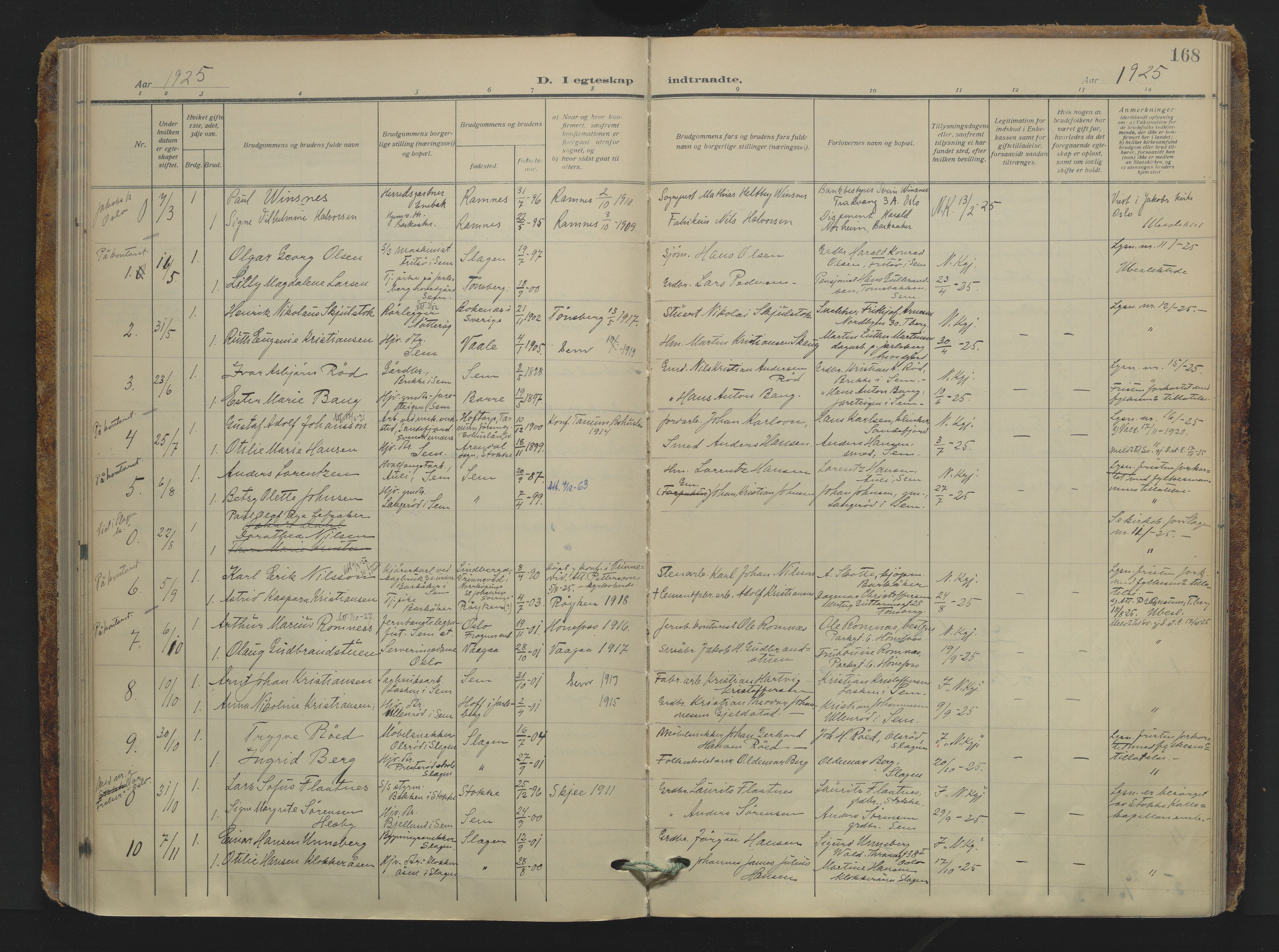 Sem kirkebøker, AV/SAKO-A-5/F/Fa/L0013: Parish register (official) no. I 13, 1916-1932, p. 168