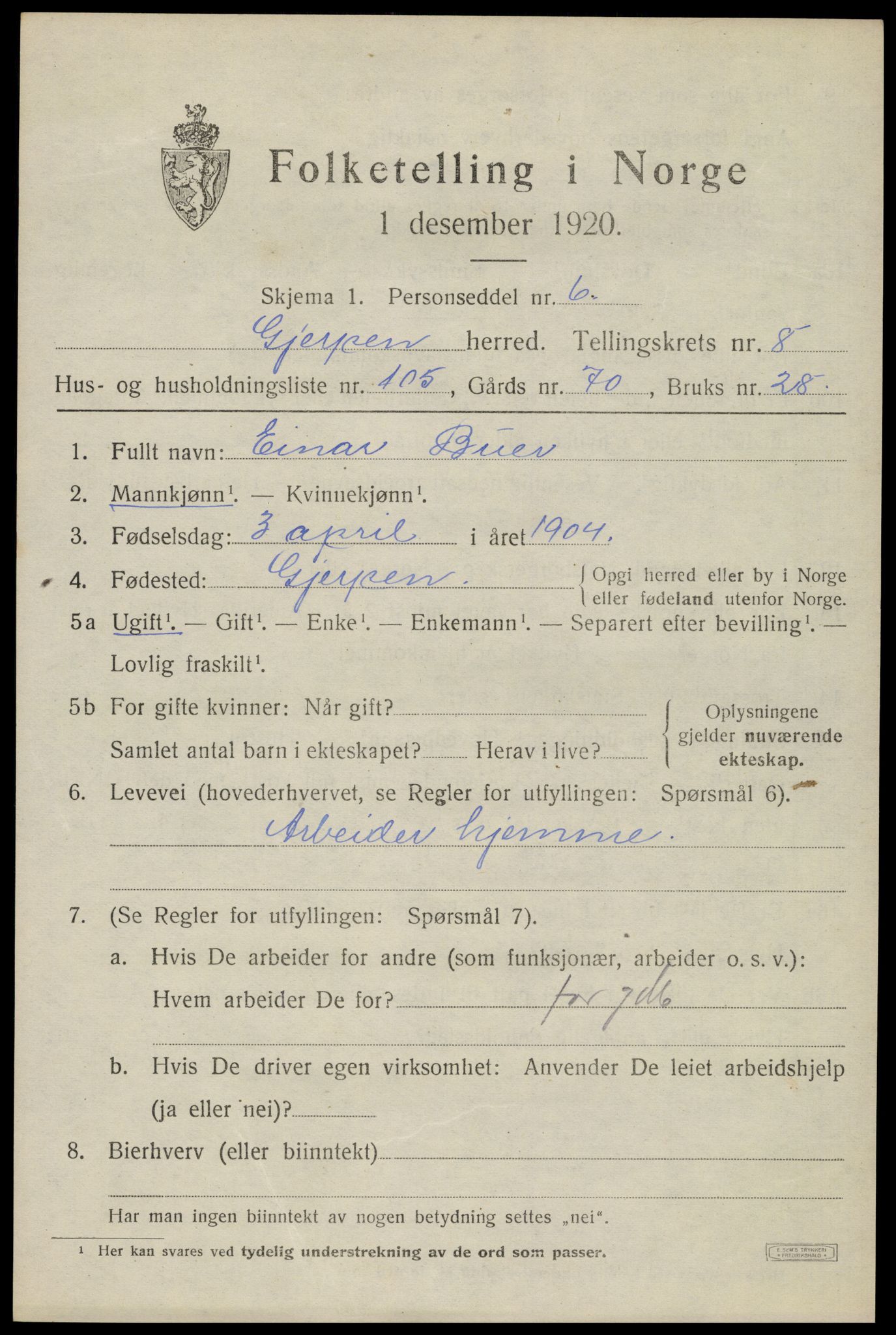 SAKO, 1920 census for Gjerpen, 1920, p. 10746
