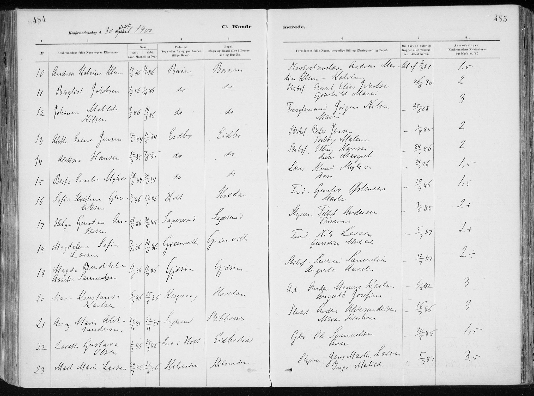 Dypvåg sokneprestkontor, SAK/1111-0007/F/Fa/Faa/L0008: Parish register (official) no. A 8, 1885-1906, p. 484-485