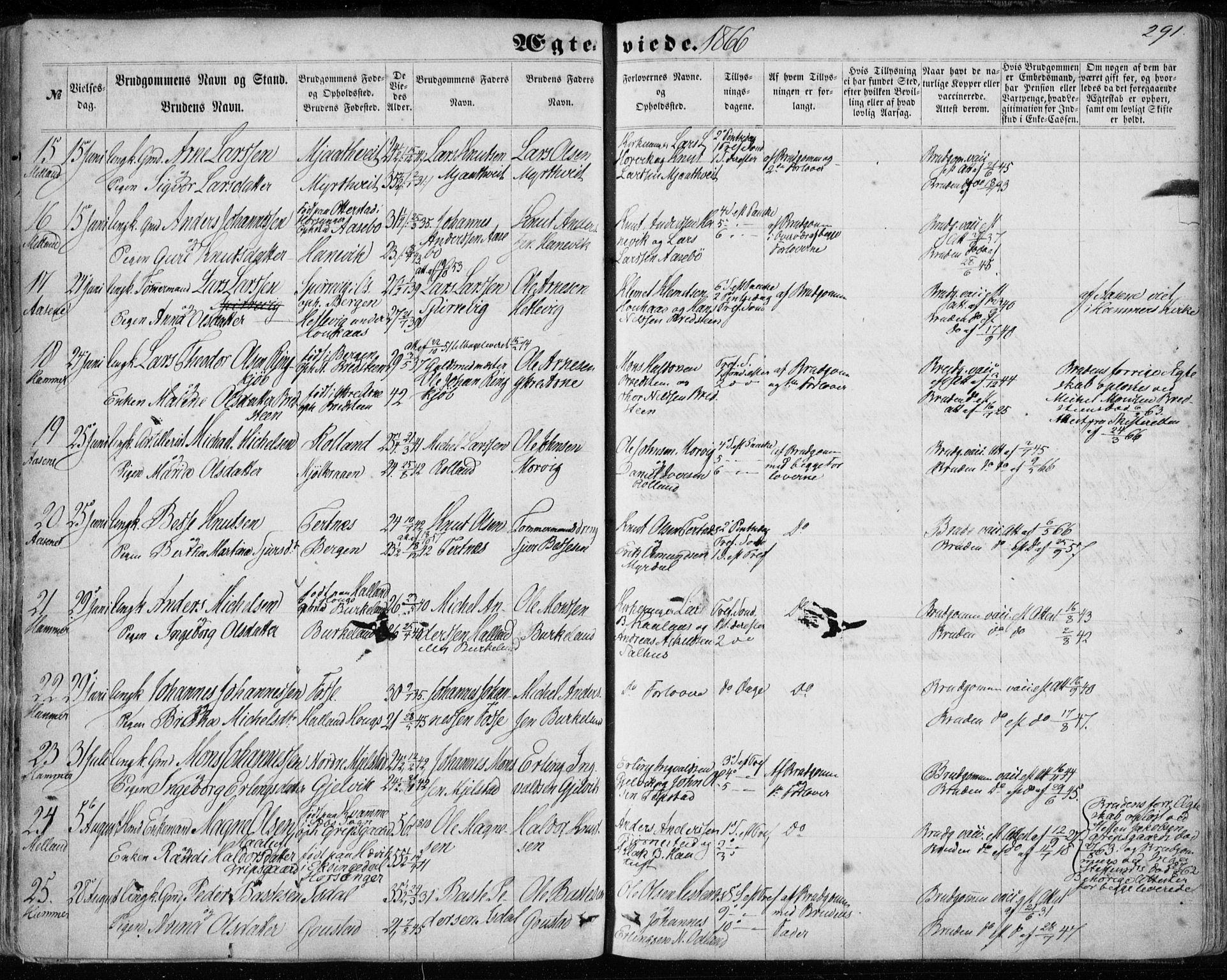 Hamre sokneprestembete, AV/SAB-A-75501/H/Ha/Haa/Haaa/L0014: Parish register (official) no. A 14, 1858-1872, p. 291