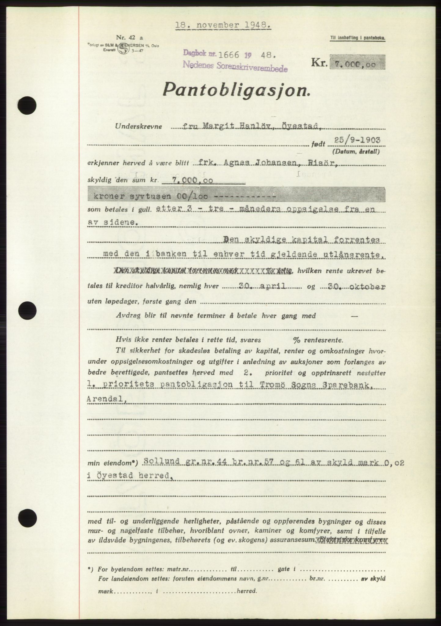 Nedenes sorenskriveri, AV/SAK-1221-0006/G/Gb/Gbb/L0005: Mortgage book no. B5, 1948-1948, Diary no: : 1666/1948