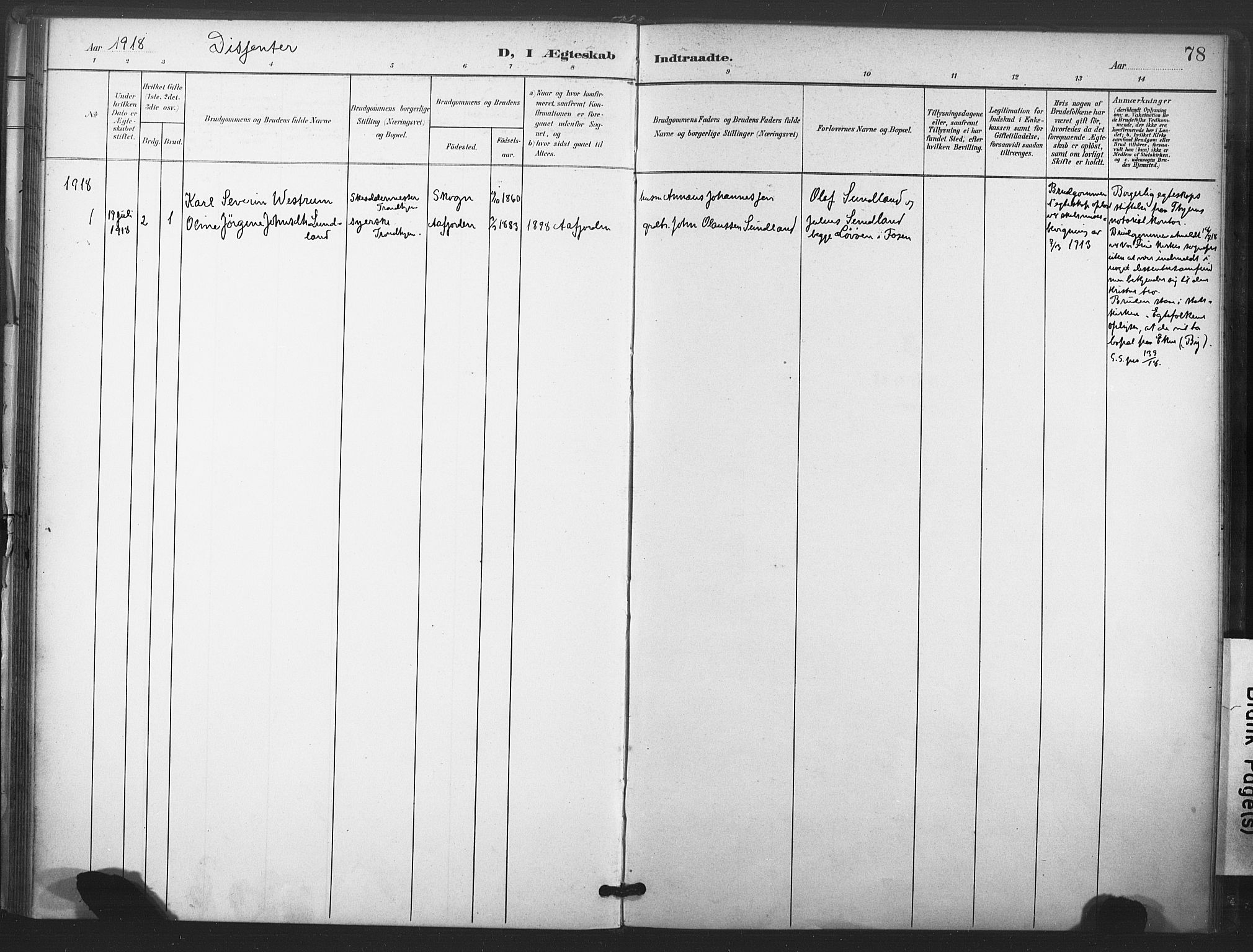 Ministerialprotokoller, klokkerbøker og fødselsregistre - Nord-Trøndelag, SAT/A-1458/719/L0179: Parish register (official) no. 719A02, 1901-1923, p. 78