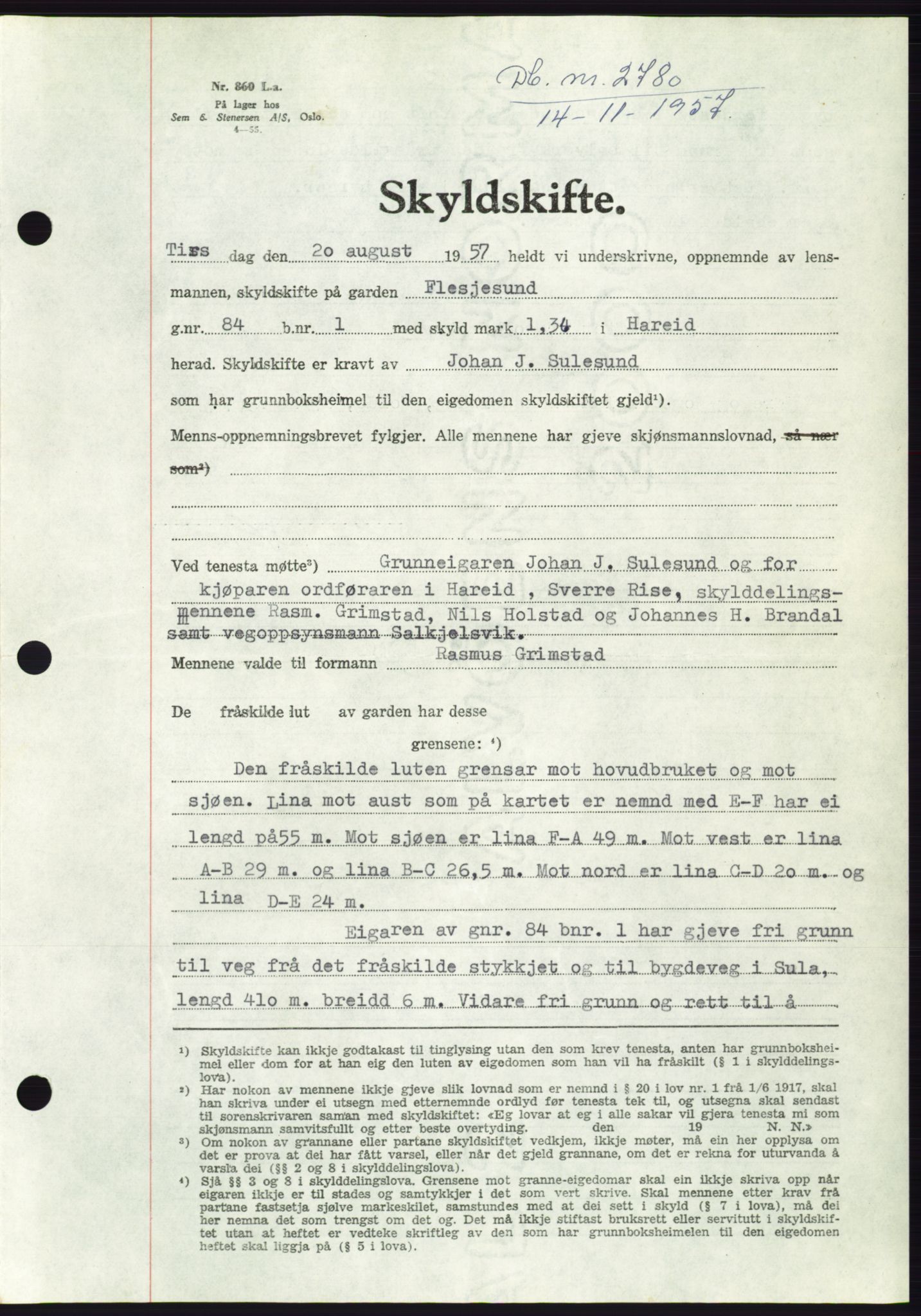 Søre Sunnmøre sorenskriveri, AV/SAT-A-4122/1/2/2C/L0108: Mortgage book no. 34A, 1957-1958, Diary no: : 2780/1957