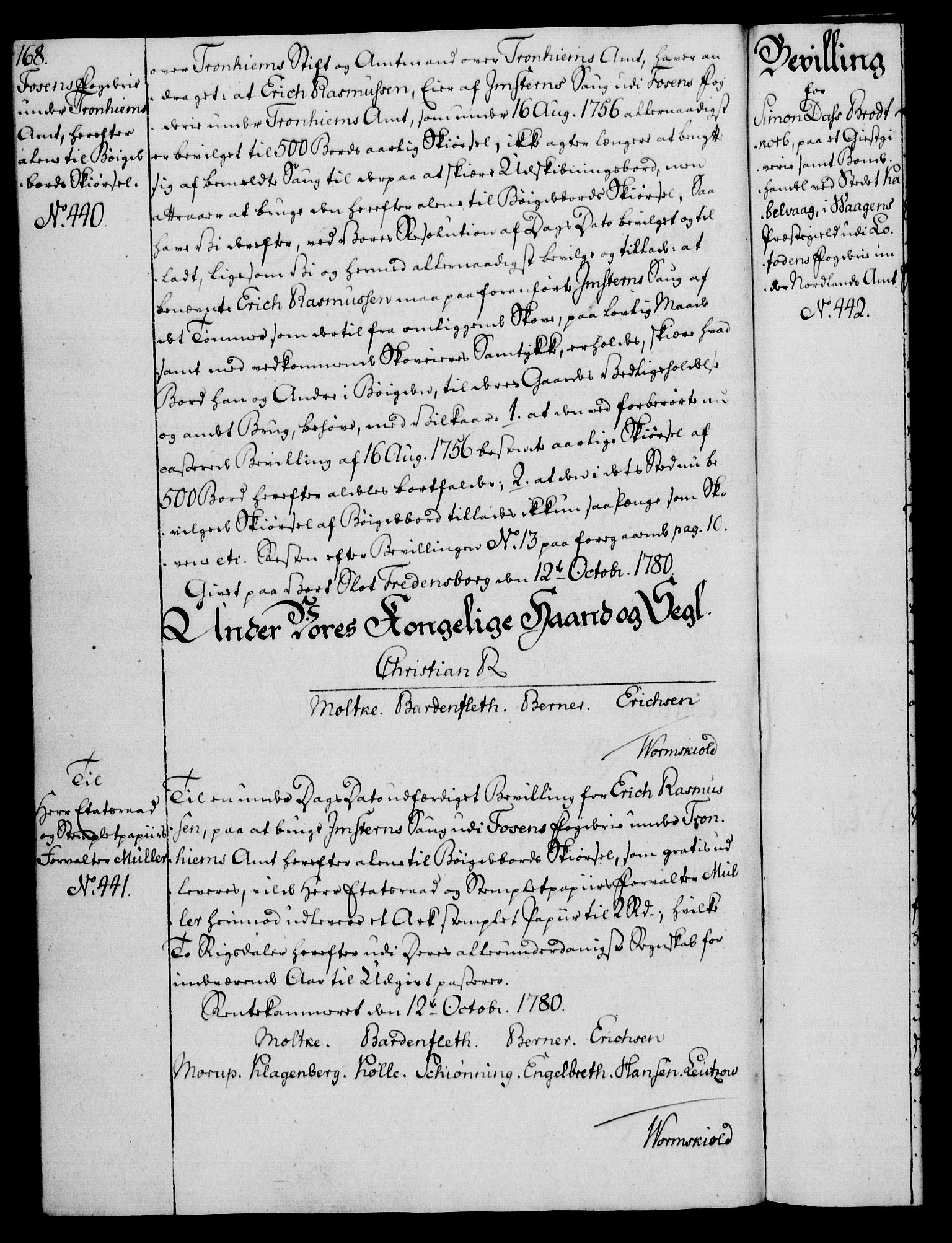 Rentekammeret, Kammerkanselliet, AV/RA-EA-3111/G/Gg/Gga/L0011: Norsk ekspedisjonsprotokoll med register (merket RK 53.11), 1779-1781, p. 168