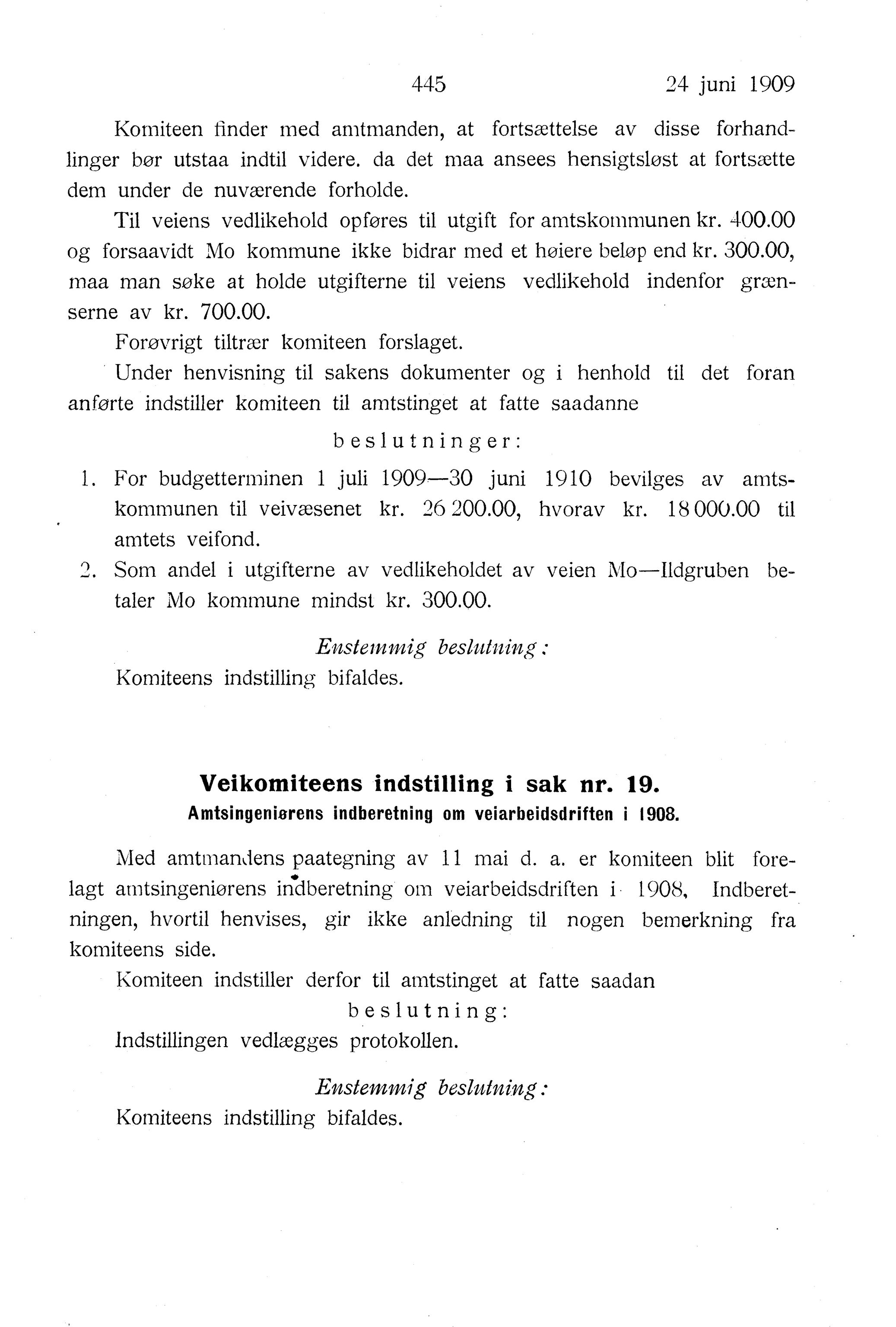 Nordland Fylkeskommune. Fylkestinget, AIN/NFK-17/176/A/Ac/L0032: Fylkestingsforhandlinger 1909, 1909