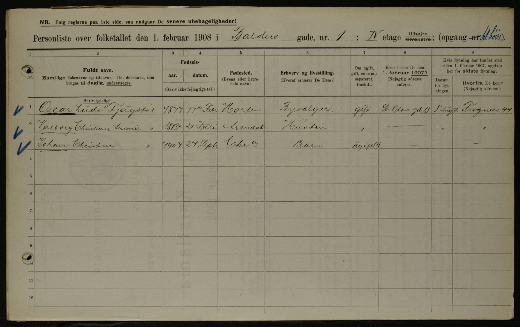 OBA, Municipal Census 1908 for Kristiania, 1908, p. 3082