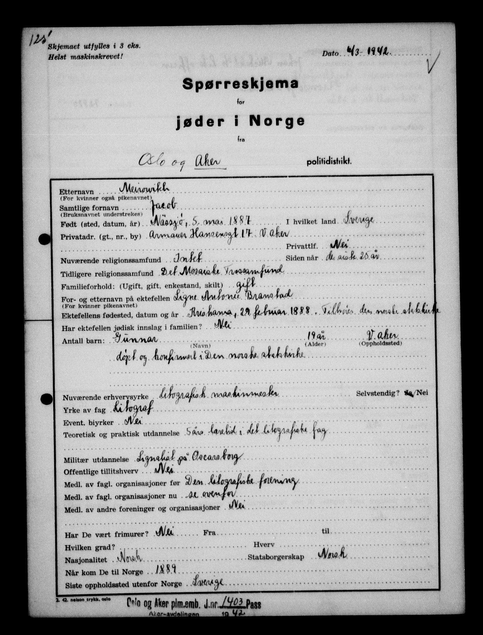 Statspolitiet - Hovedkontoret / Osloavdelingen, AV/RA-S-1329/G/Ga/L0012: Spørreskjema for jøder i Norge. 1: Aker 114- 207 (Levinson-Wozak) og 656 (Salomon). 2: Arendal-Hordaland. 3: Horten-Romerike.  , 1942, p. 36