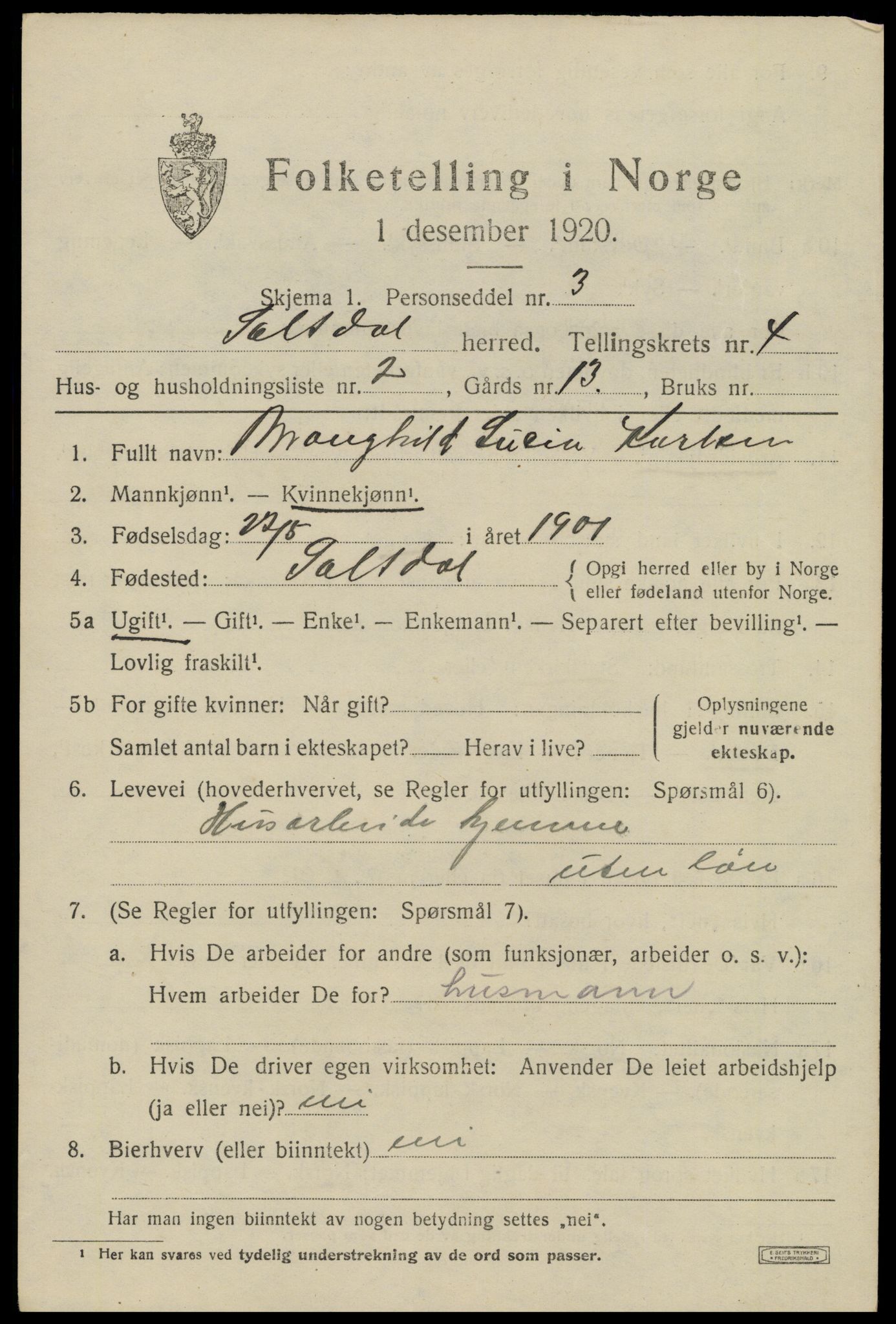 SAT, 1920 census for Saltdal, 1920, p. 5633