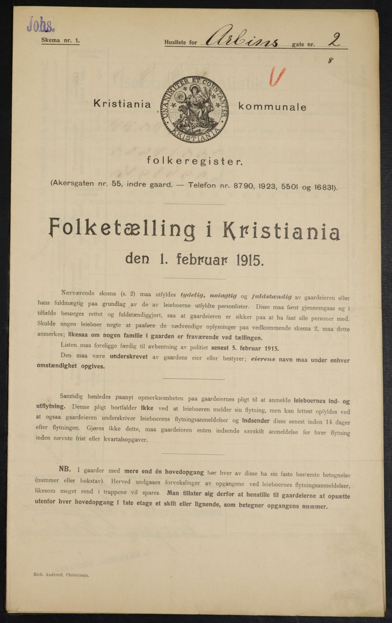 OBA, Municipal Census 1915 for Kristiania, 1915, p. 1477