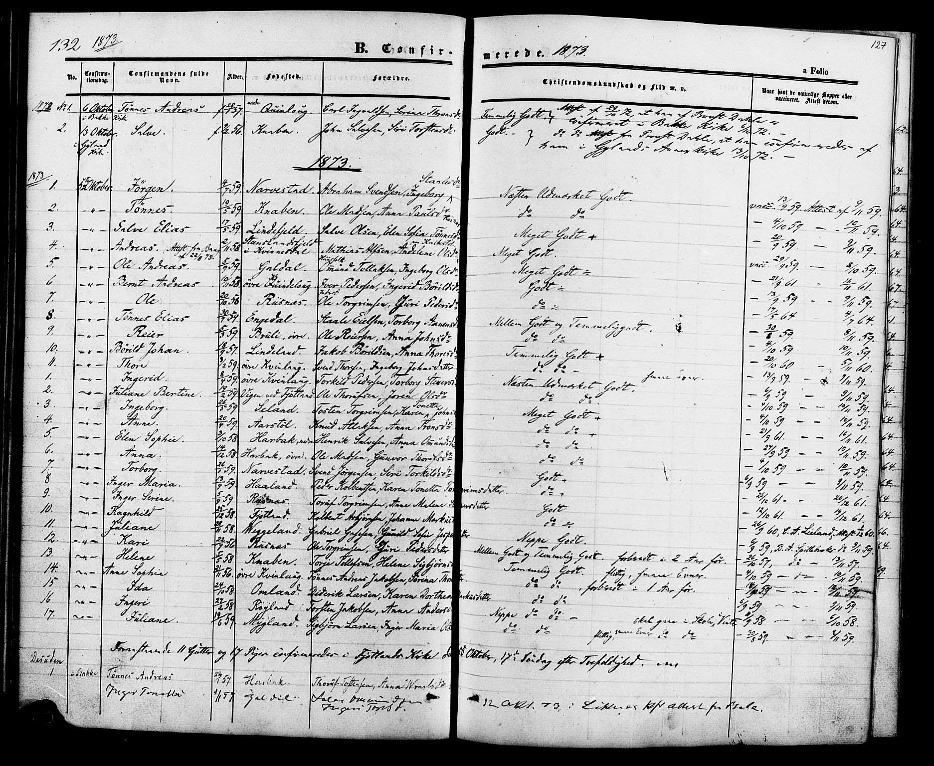 Fjotland sokneprestkontor, AV/SAK-1111-0010/F/Fa/L0001: Parish register (official) no. A 1, 1850-1879, p. 127
