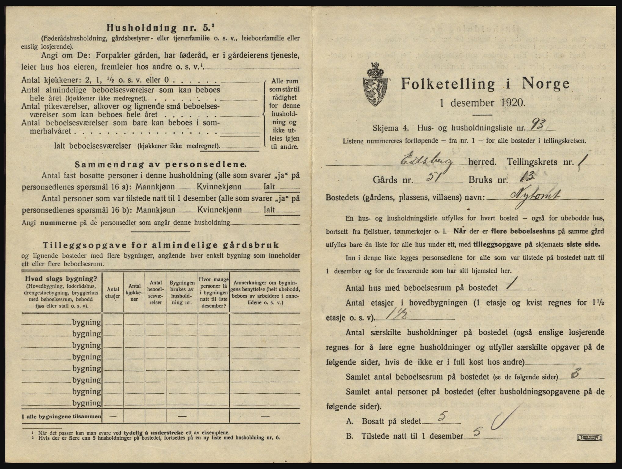 SAO, 1920 census for Eidsberg, 1920, p. 225