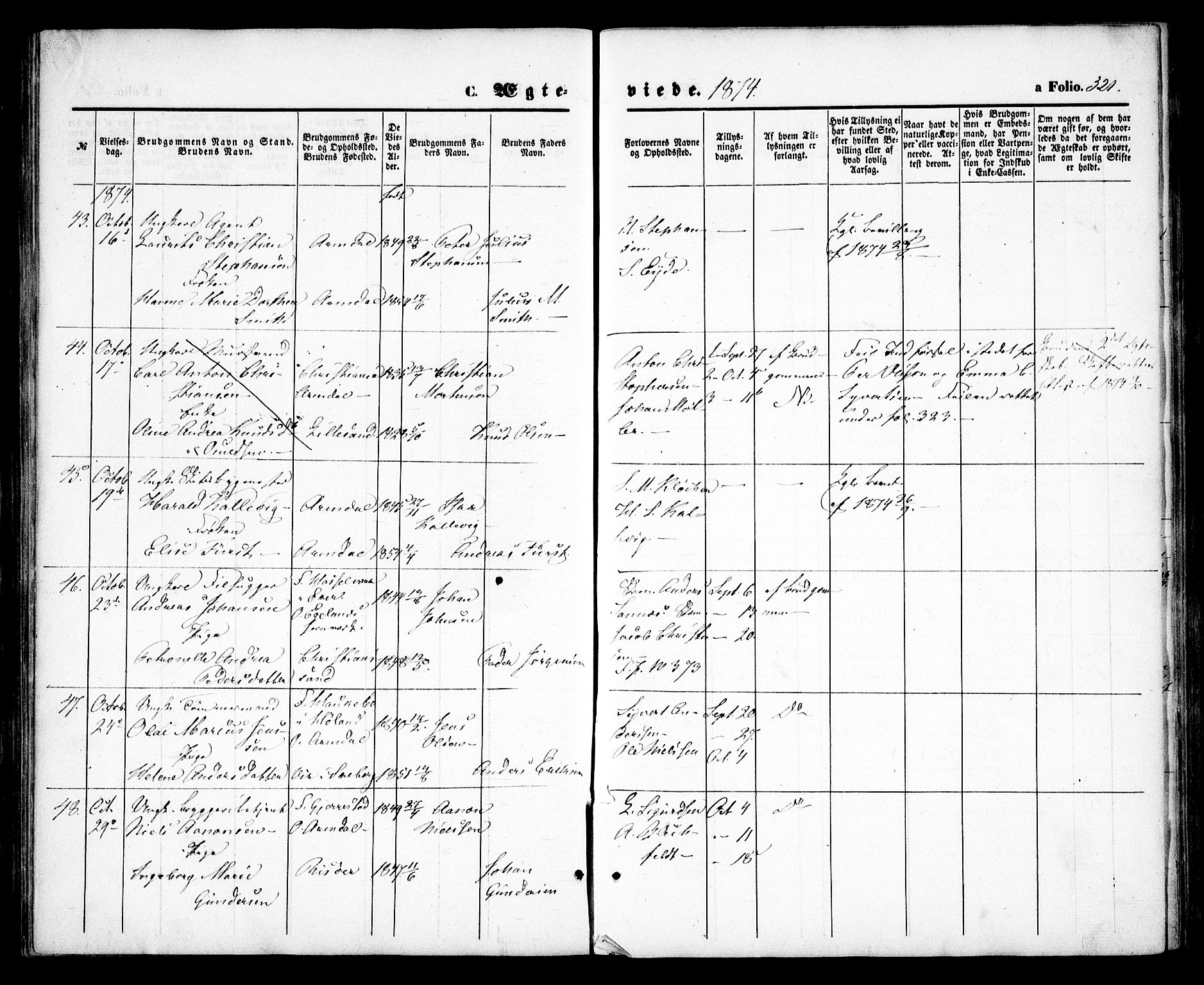 Arendal sokneprestkontor, Trefoldighet, SAK/1111-0040/F/Fa/L0007: Parish register (official) no. A 7, 1868-1878, p. 321
