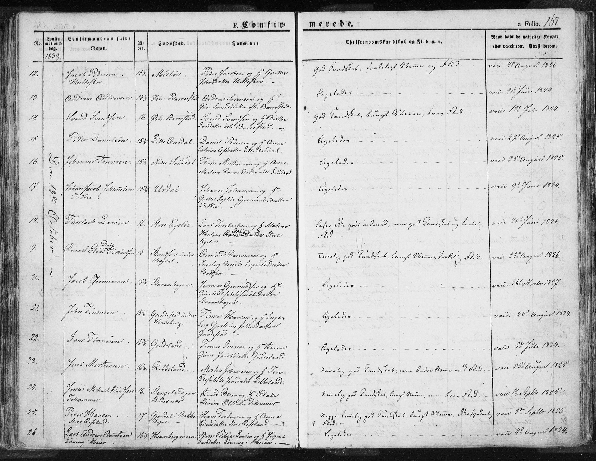 Sokndal sokneprestkontor, AV/SAST-A-101808: Parish register (official) no. A 7.1, 1826-1842, p. 157