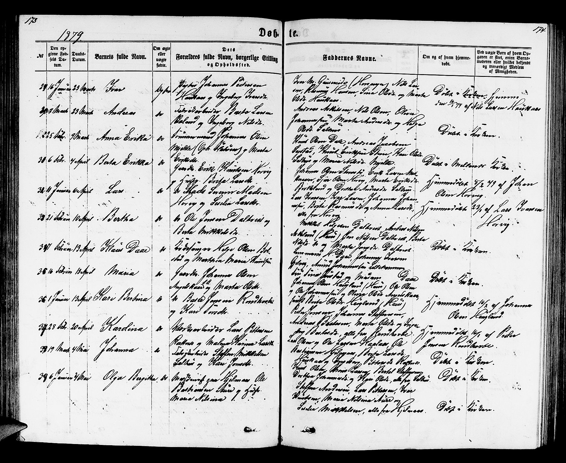 Hamre sokneprestembete, AV/SAB-A-75501/H/Ha/Hab: Parish register (copy) no. B 2, 1863-1880, p. 173-174