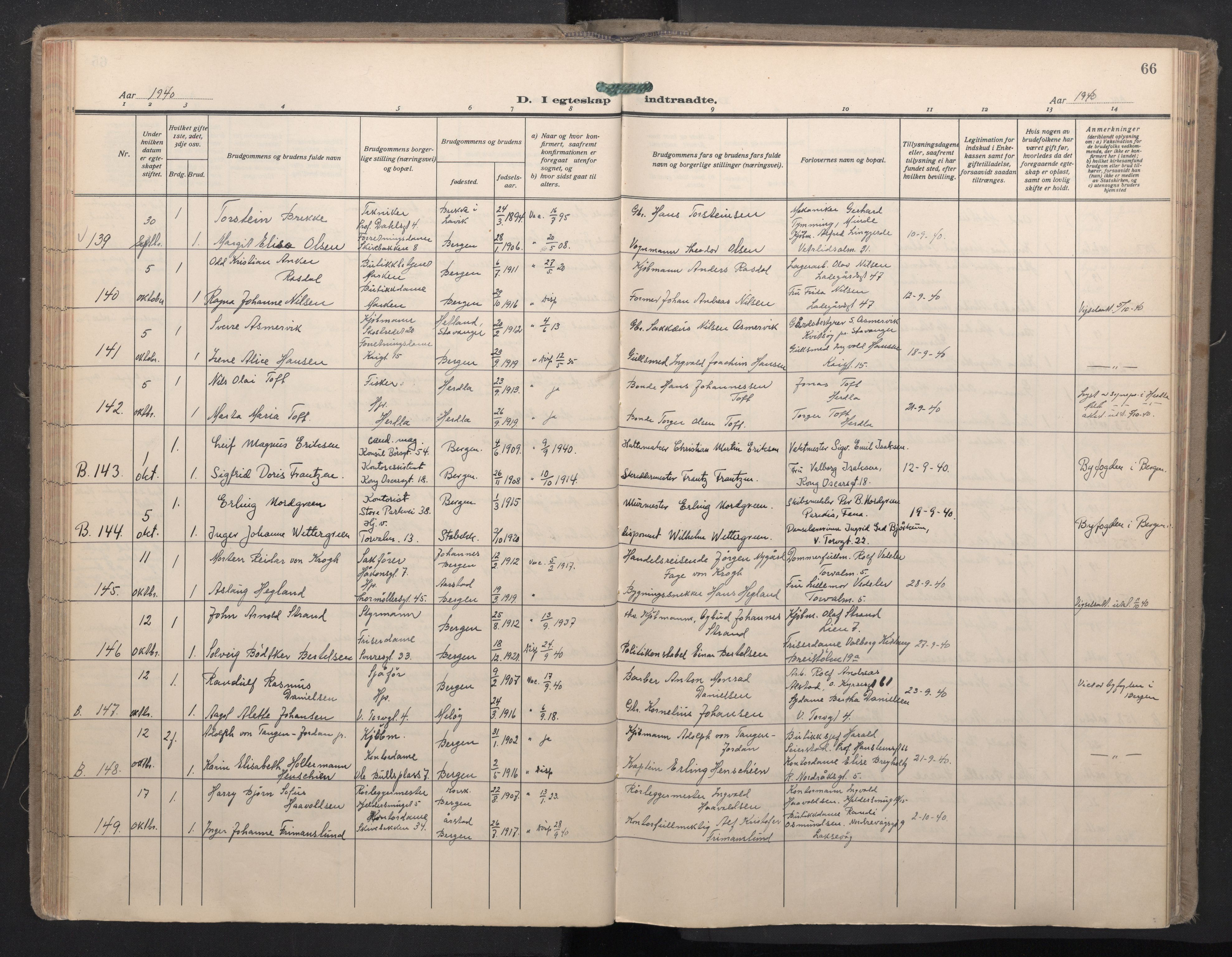 Domkirken sokneprestembete, AV/SAB-A-74801/H/Haa: Parish register (official) no. D 7, 1937-1950, p. 65b-66a