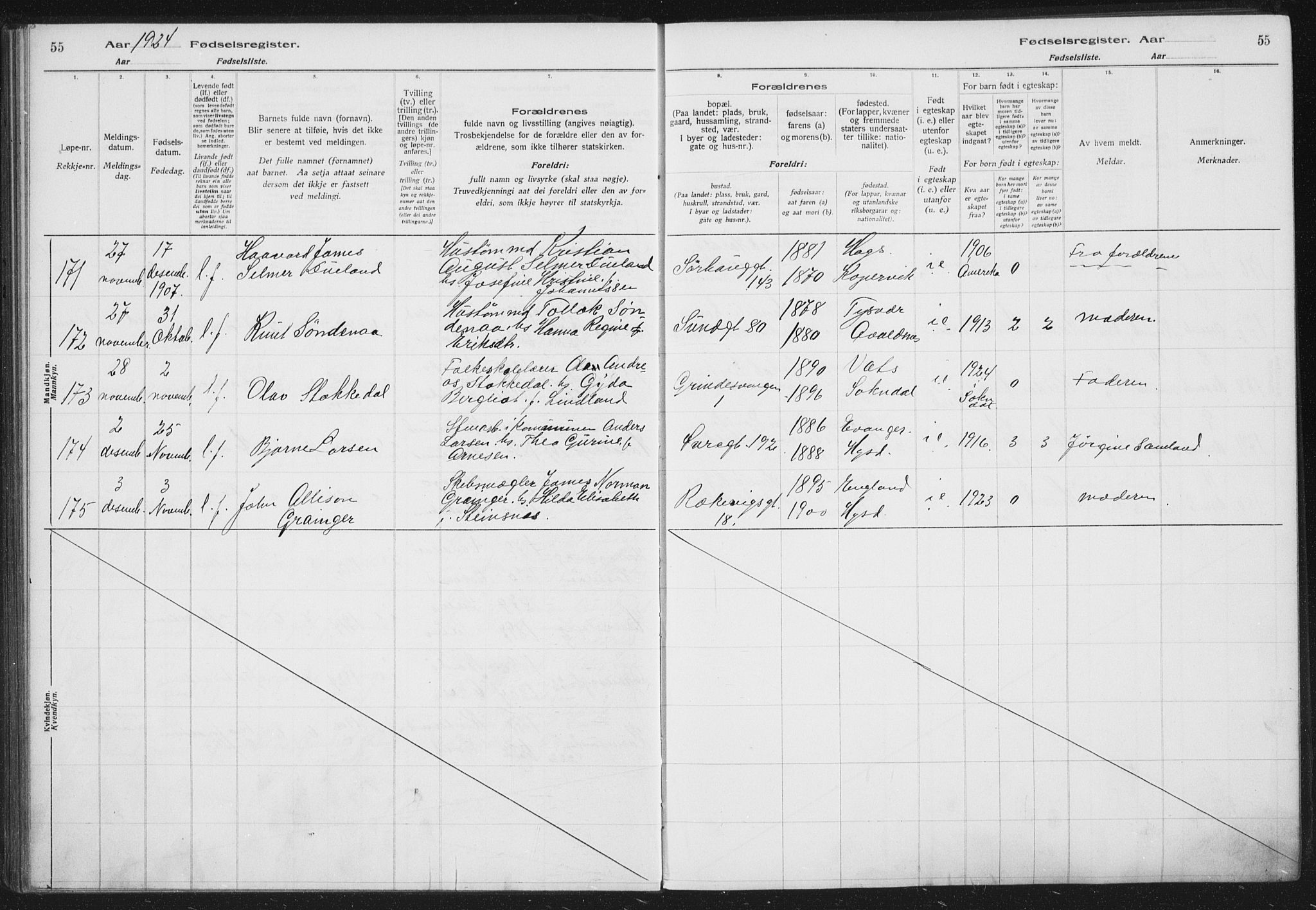 Haugesund sokneprestkontor, AV/SAST-A -101863/I/Id/L0005: Birth register no. 3, 1923-1929, p. 55