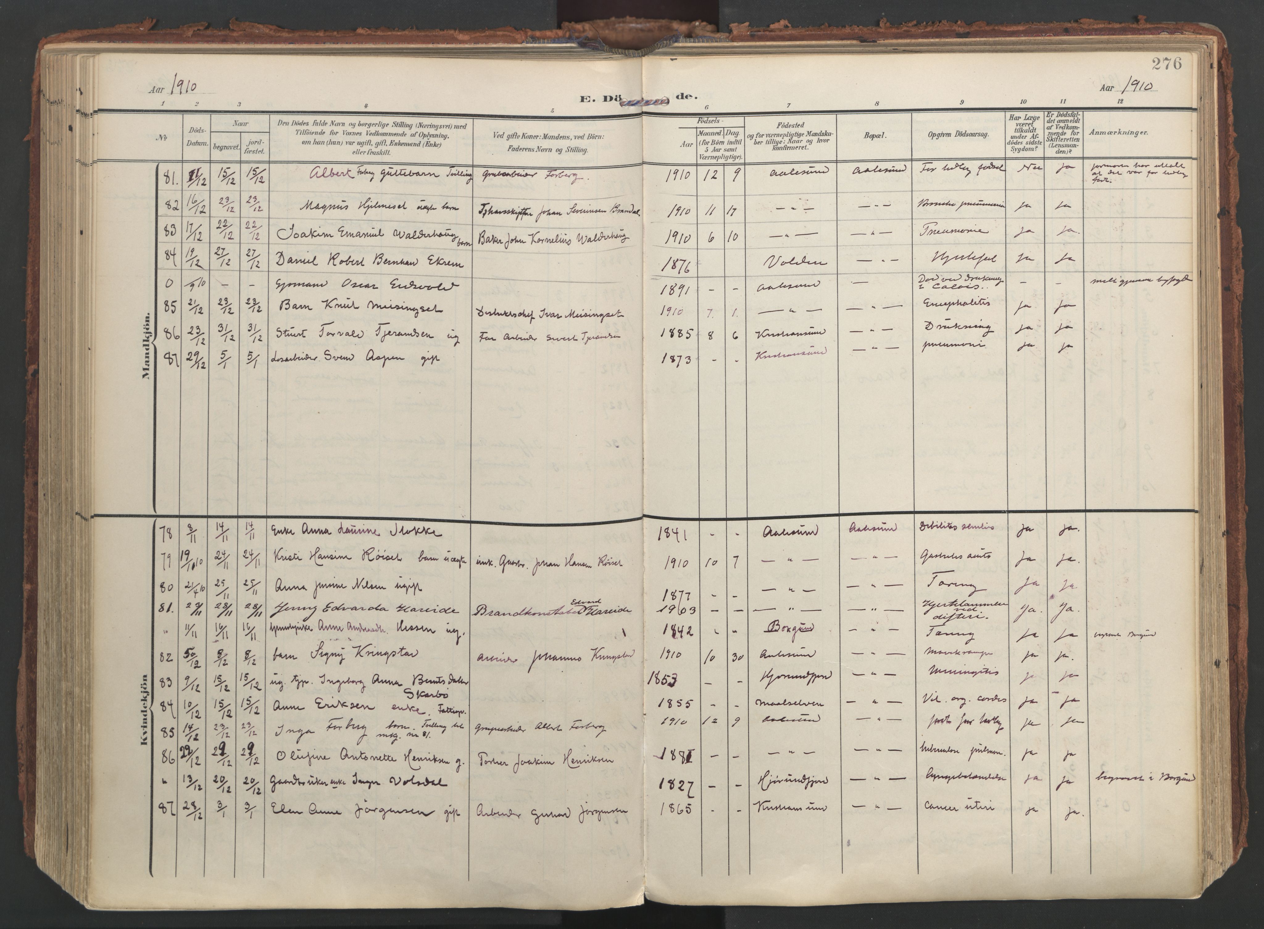 Ministerialprotokoller, klokkerbøker og fødselsregistre - Møre og Romsdal, AV/SAT-A-1454/529/L0459: Parish register (official) no. 529A09, 1904-1917, p. 276