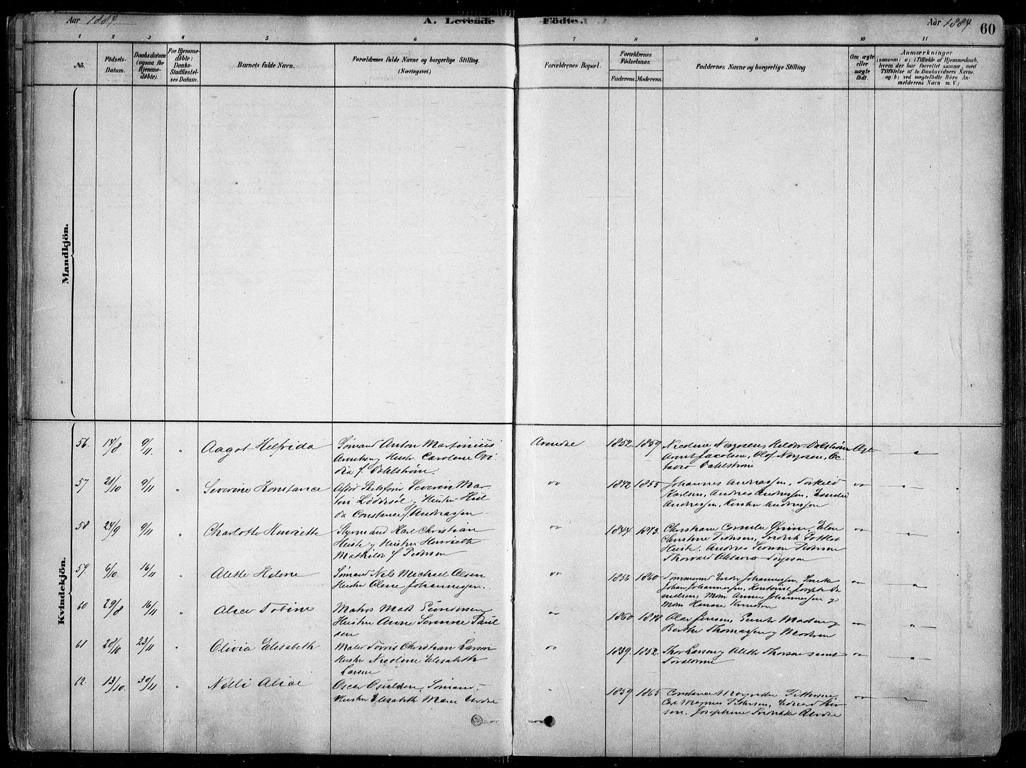 Arendal sokneprestkontor, Trefoldighet, AV/SAK-1111-0040/F/Fa/L0008: Parish register (official) no. A 8, 1878-1899, p. 60