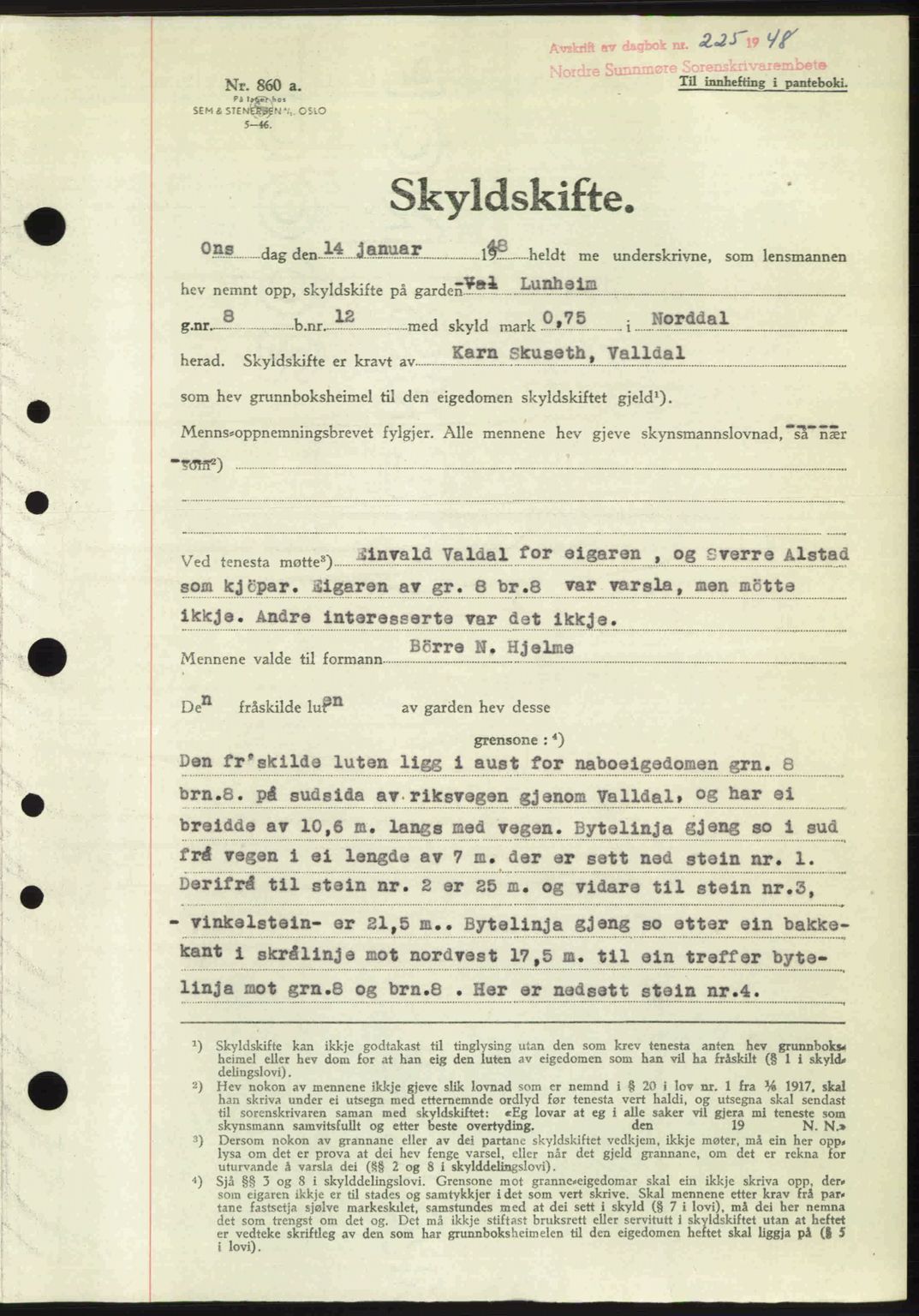 Nordre Sunnmøre sorenskriveri, AV/SAT-A-0006/1/2/2C/2Ca: Mortgage book no. A26, 1947-1948, Diary no: : 225/1948