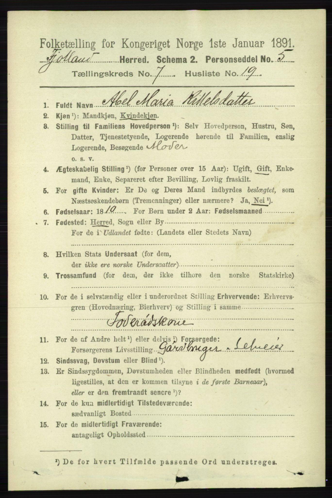 RA, 1891 census for 1036 Fjotland, 1891, p. 1168