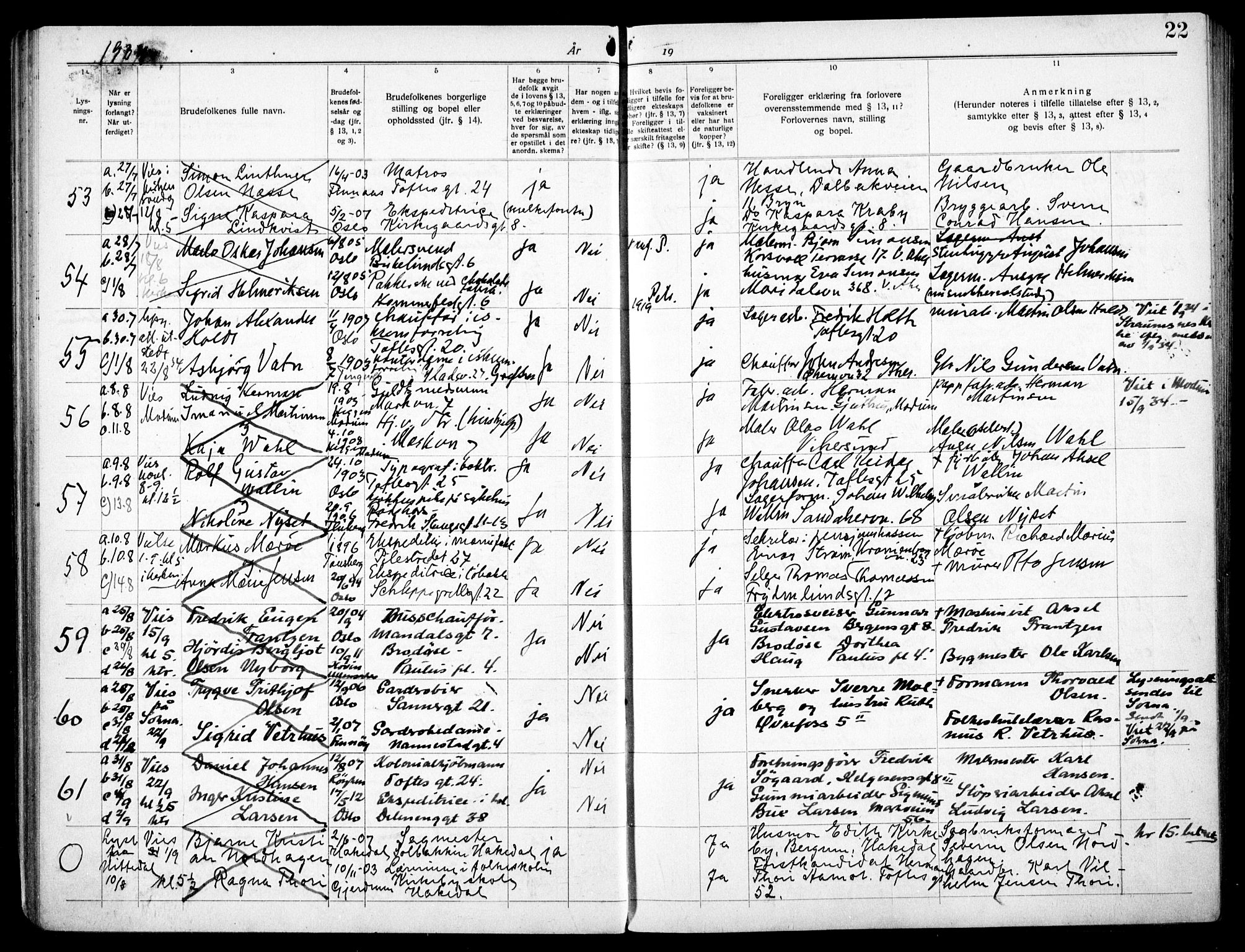 Paulus prestekontor Kirkebøker, AV/SAO-A-10871/H/Ha/L0005: Banns register no. 5, 1932-1938, p. 22