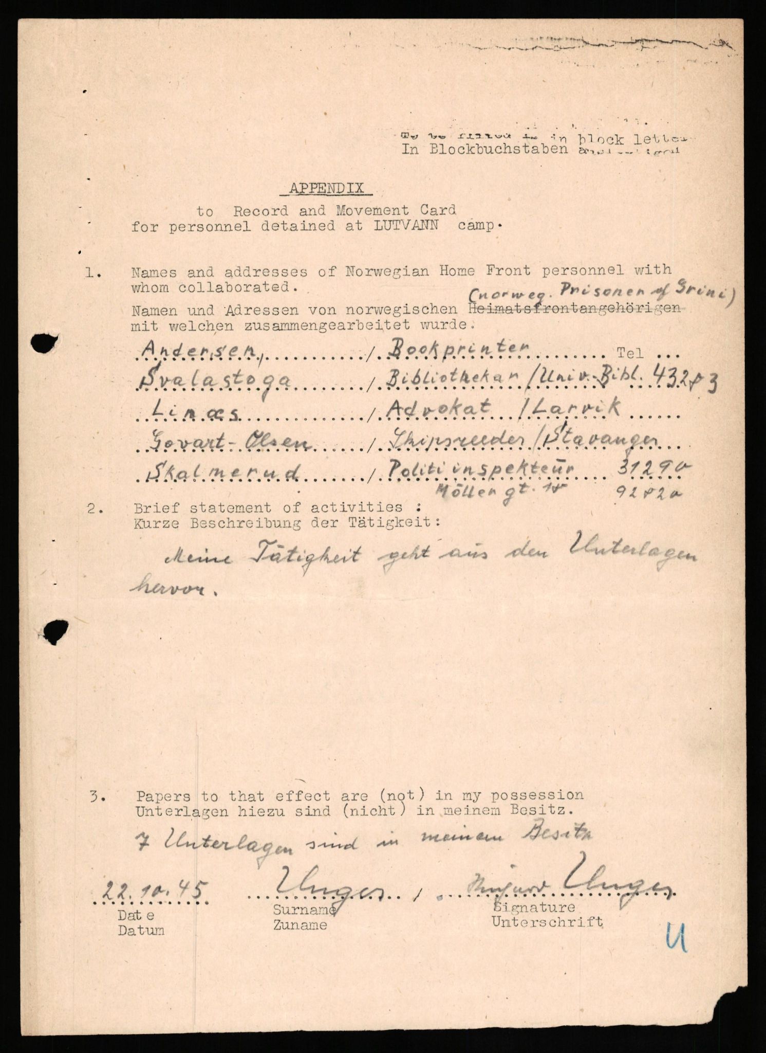 Forsvaret, Forsvarets overkommando II, AV/RA-RAFA-3915/D/Db/L0034: CI Questionaires. Tyske okkupasjonsstyrker i Norge. Tyskere., 1945-1946, p. 204