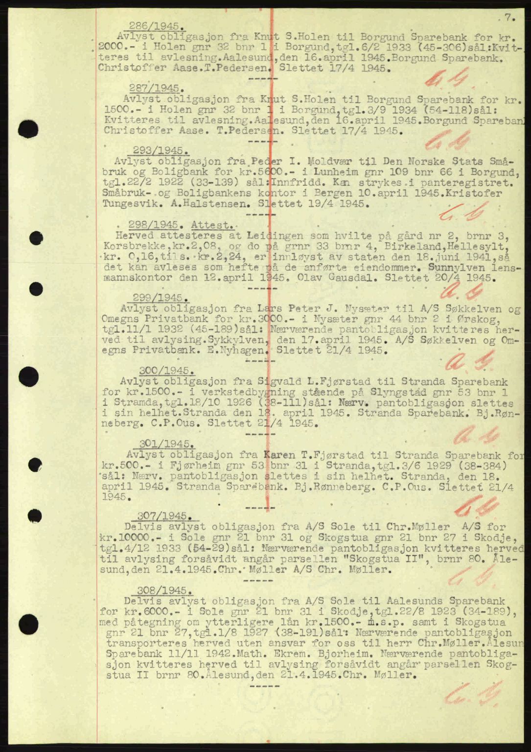 Nordre Sunnmøre sorenskriveri, SAT/A-0006/1/2/2C/2Ca: Mortgage book no. B6-14 a, 1942-1945, Diary no: : 286/1945