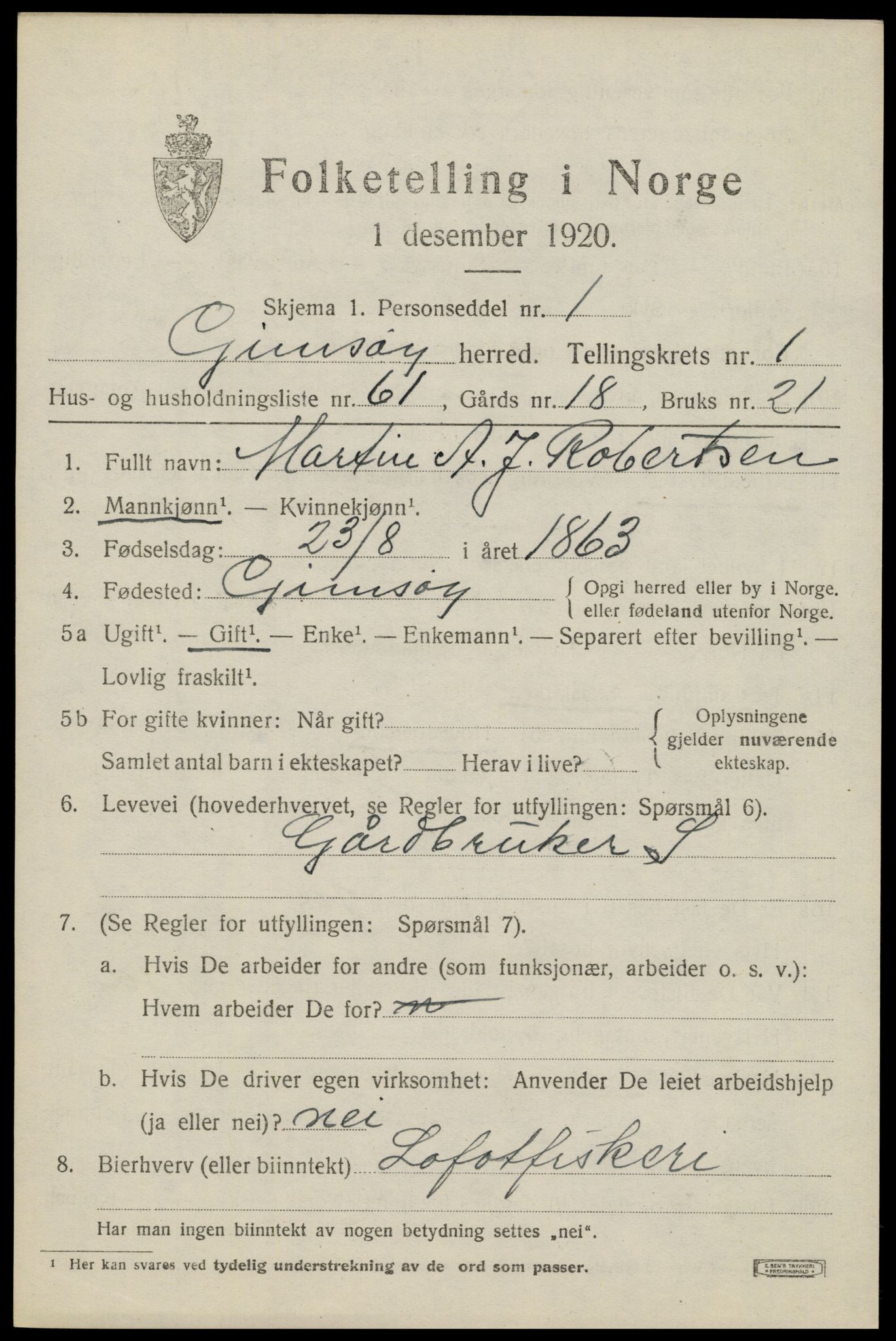 SAT, 1920 census for Gimsøy, 1920, p. 1265