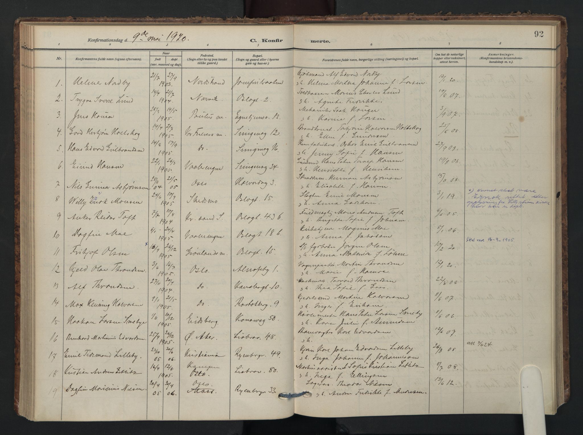Gamlebyen prestekontor Kirkebøker, AV/SAO-A-10884/F/Fa/L0012: Parish register (official) no. 12, 1908-1941, p. 92