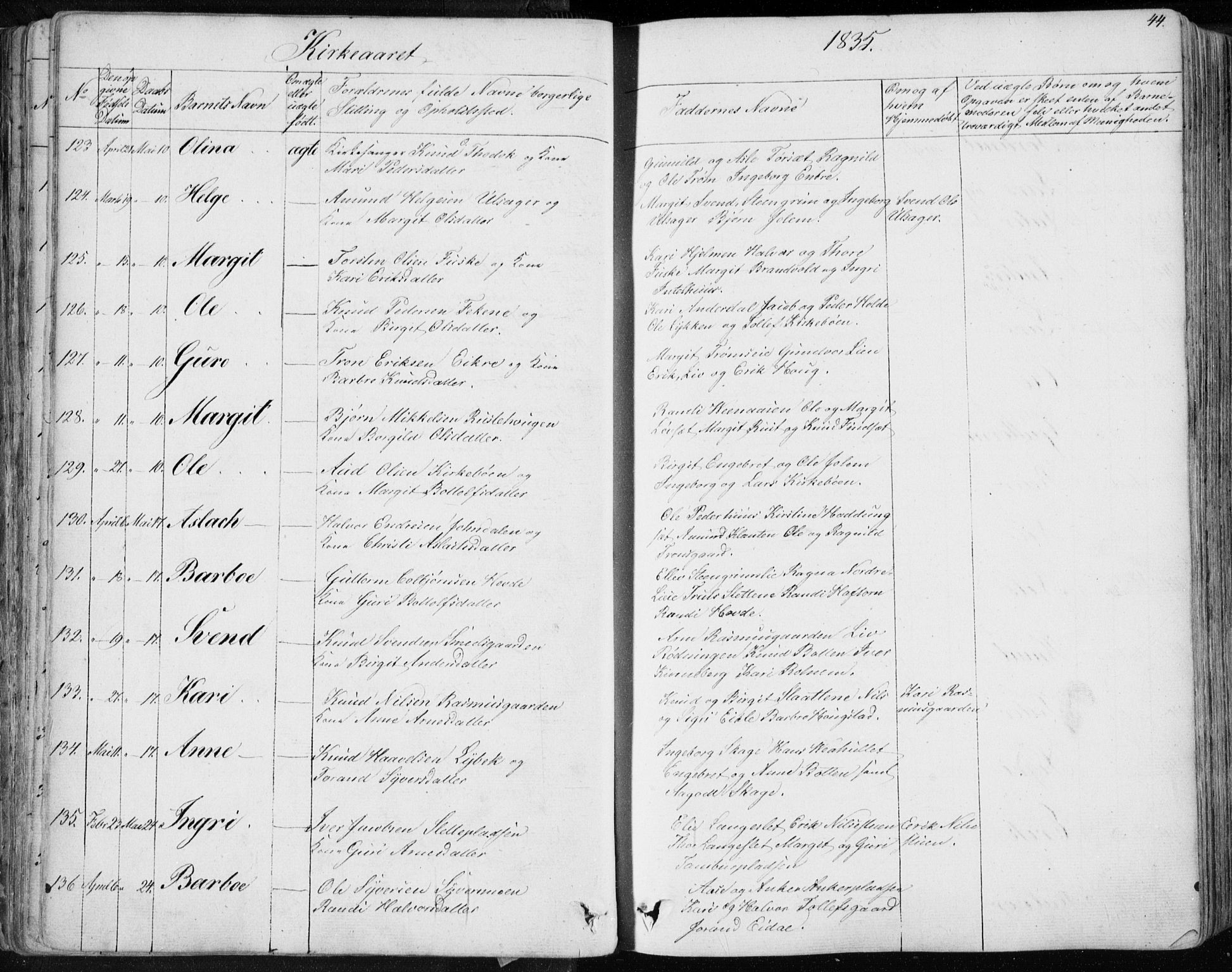 Nes kirkebøker, SAKO/A-236/F/Fa/L0009: Parish register (official) no. 9, 1834-1863, p. 44