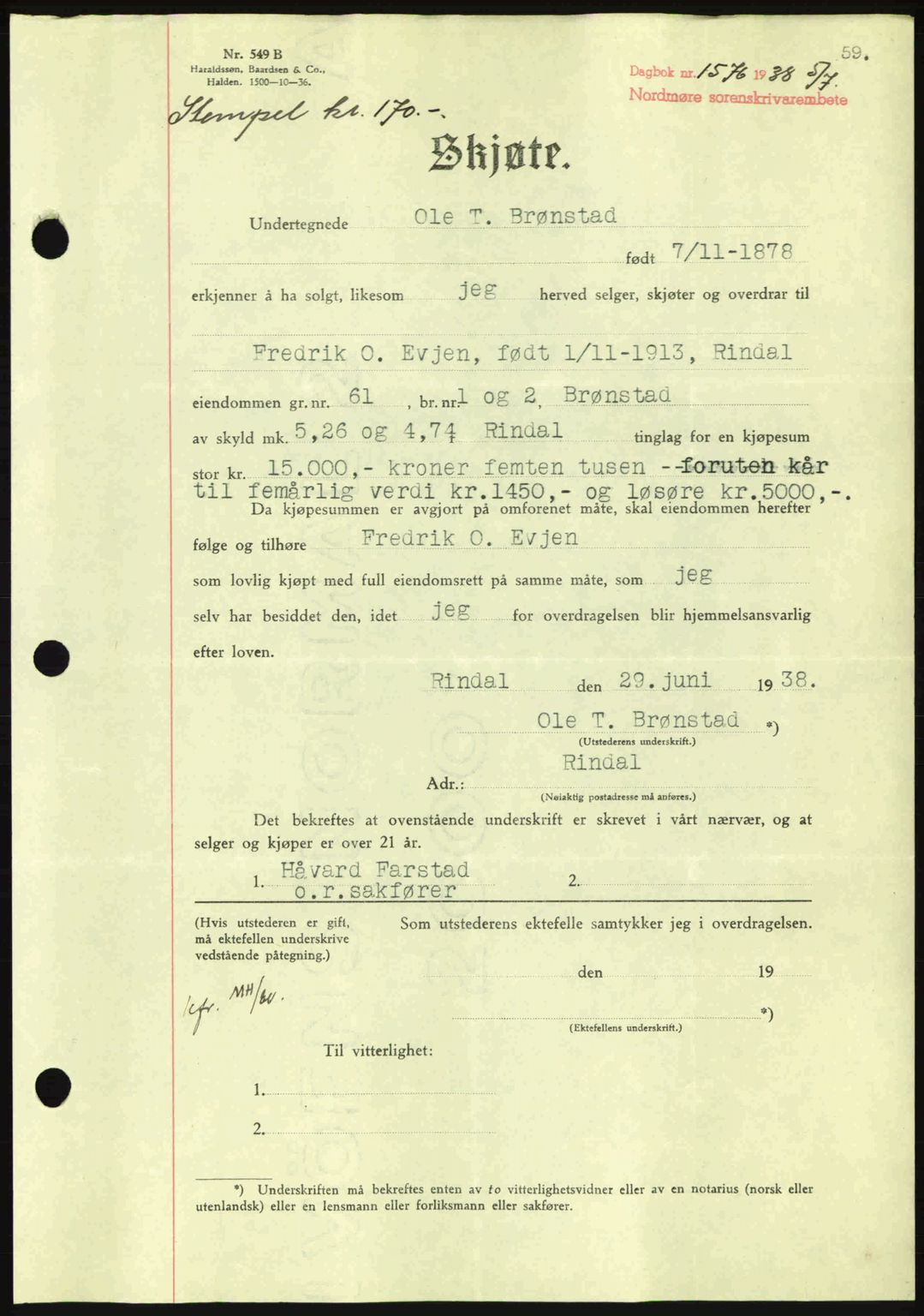 Nordmøre sorenskriveri, SAT/A-4132/1/2/2Ca: Mortgage book no. A84, 1938-1938, Diary no: : 1576/1938
