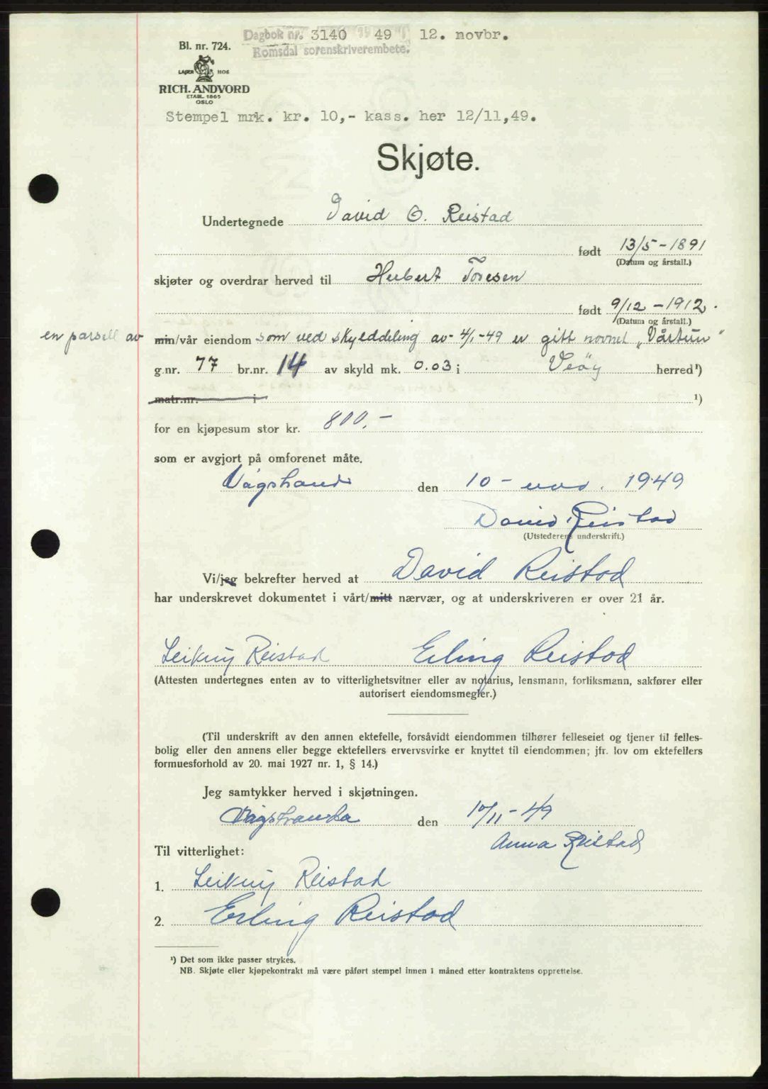 Romsdal sorenskriveri, AV/SAT-A-4149/1/2/2C: Mortgage book no. A31, 1949-1949, Diary no: : 3140/1949