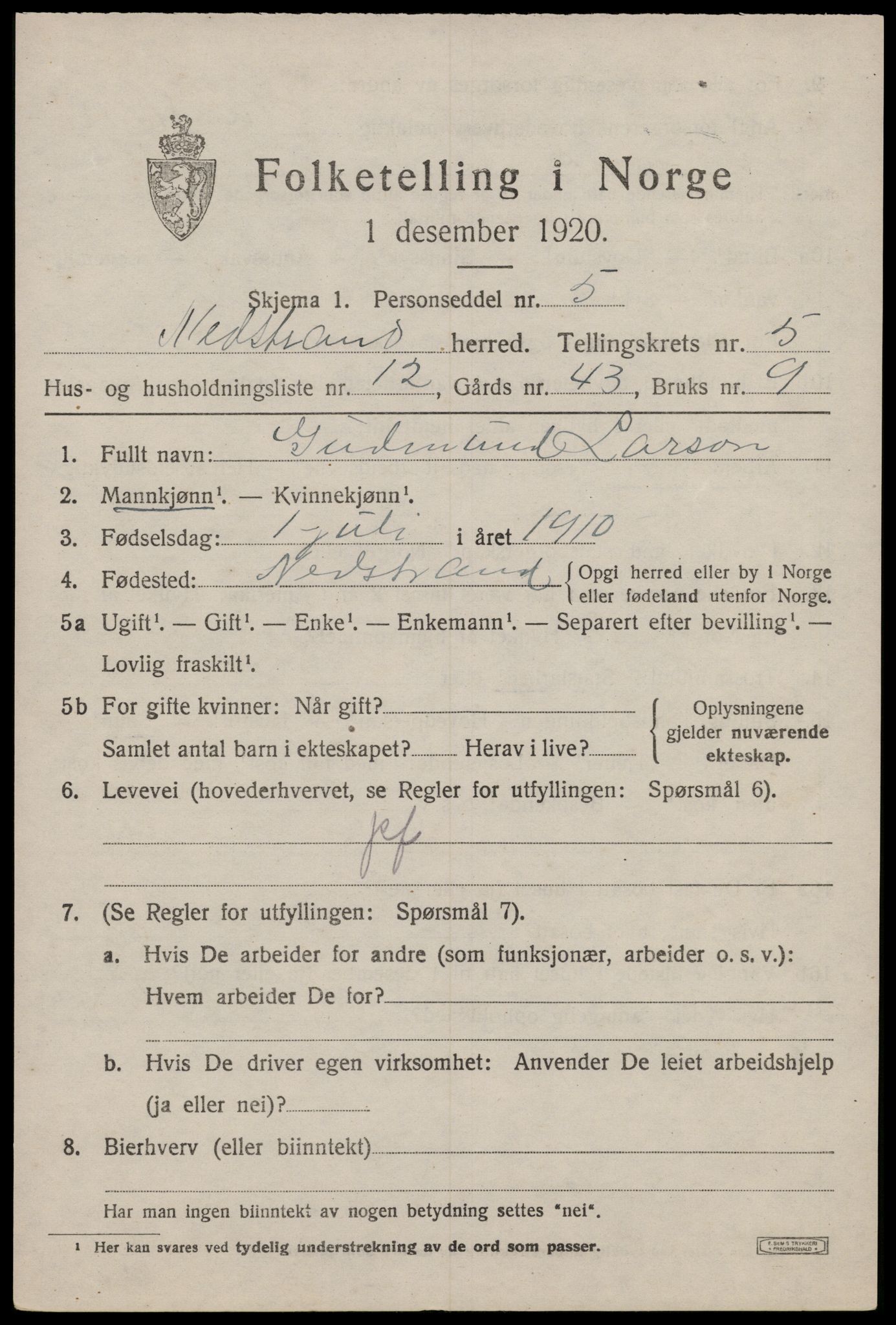 SAST, 1920 census for Nedstrand, 1920, p. 2403