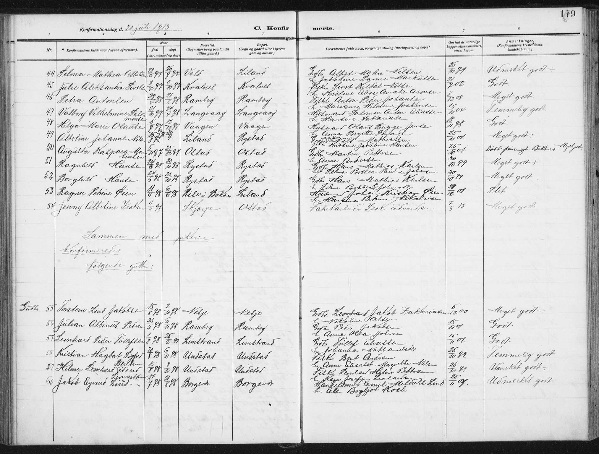 Ministerialprotokoller, klokkerbøker og fødselsregistre - Nordland, AV/SAT-A-1459/880/L1135: Parish register (official) no. 880A09, 1908-1919, p. 179