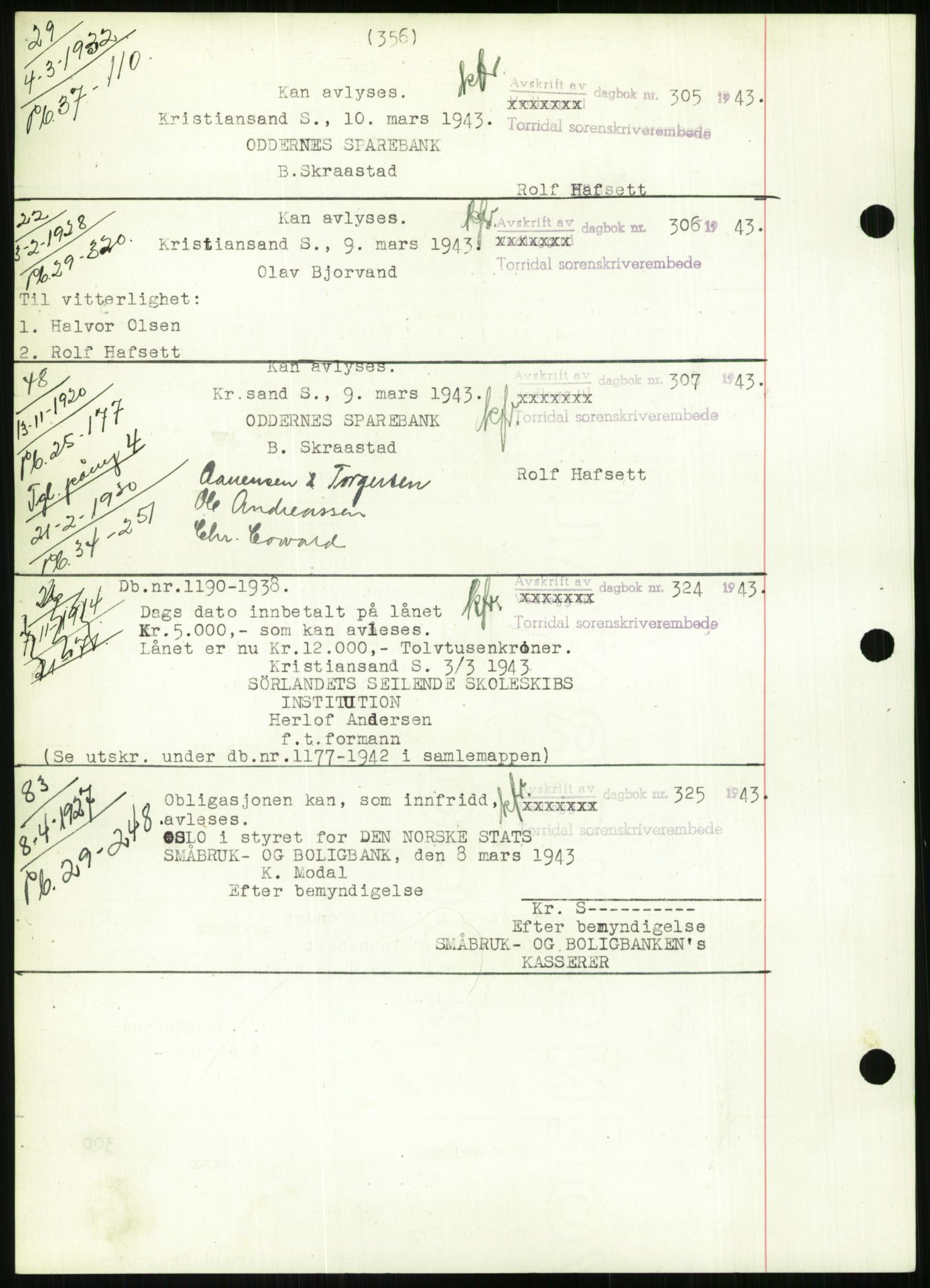 Torridal sorenskriveri, SAK/1221-0012/G/Gb/Gbb/L0009: Mortgage book no. 53b, 1942-1943, Diary no: : 282/1943