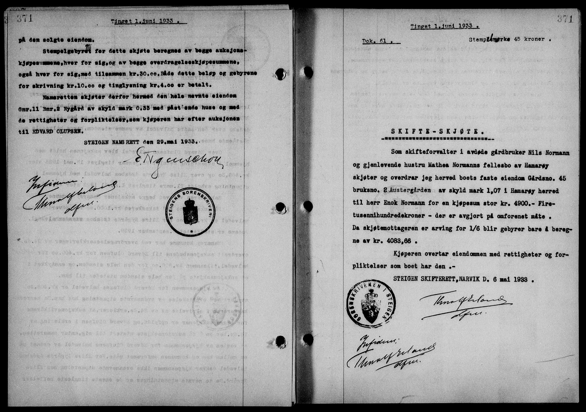 Steigen og Ofoten sorenskriveri, SAT/A-0030/1/2/2C/L0022/0001: Mortgage book no. 25-II og 26-I, 1932-1933, Deed date: 01.06.1933