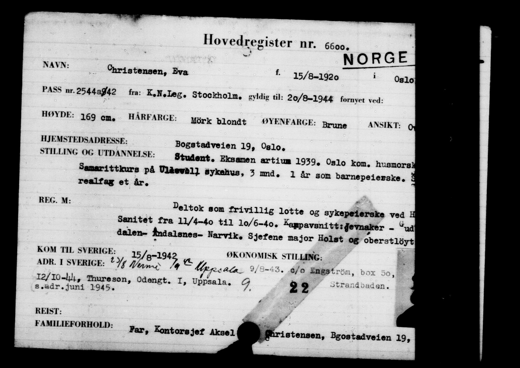 Utenriksstasjonene, Legasjonen i Stockholm, Flyktningkontoret, AV/RA-S-6753/V/Va/L0005: Kjesäterkartoteket, flyktninger med registreringsnr. 6600-9417, 1940-1945, p. 2