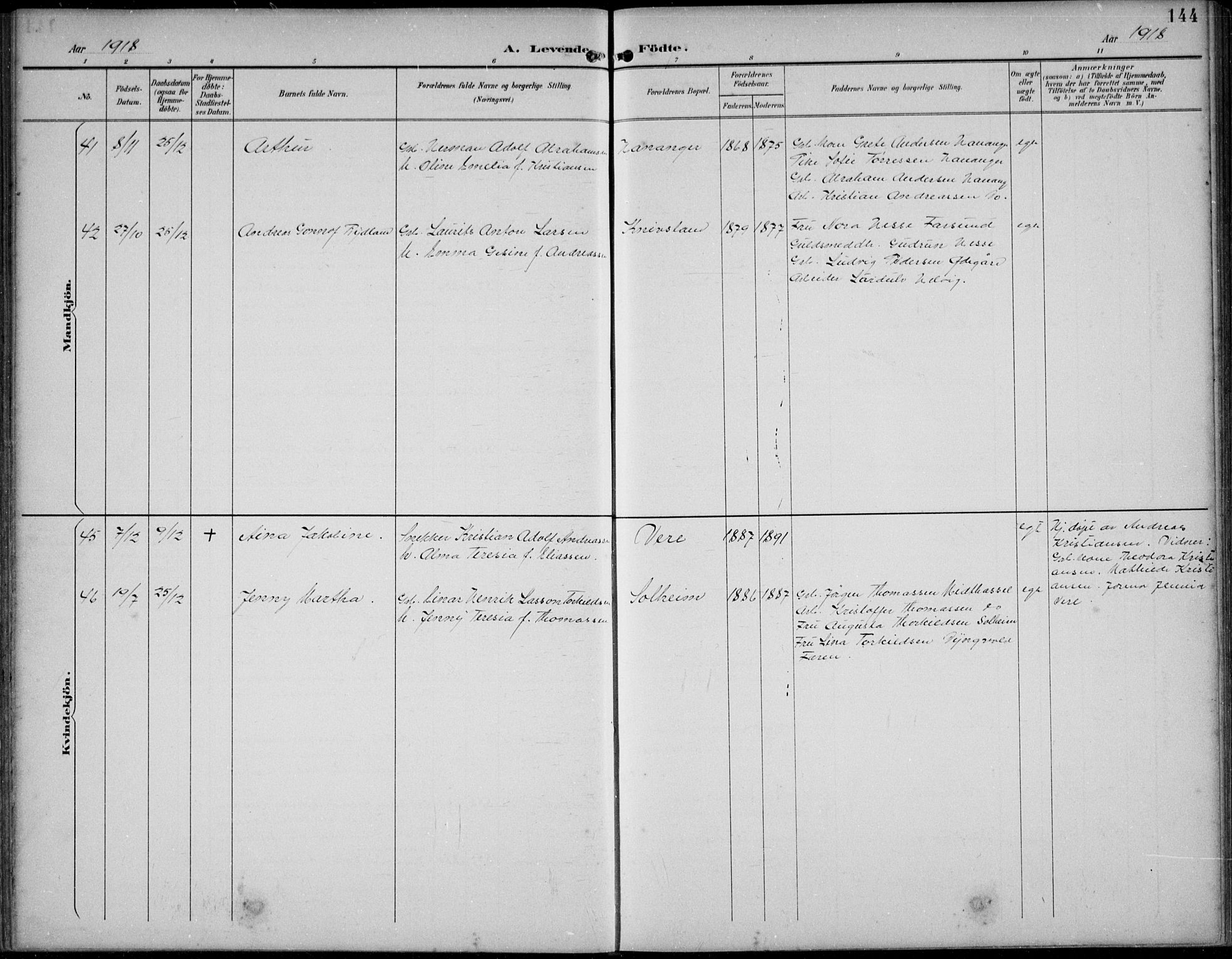 Lista sokneprestkontor, SAK/1111-0027/F/Fb/L0005: Parish register (copy) no. B 5, 1892-1923, p. 144
