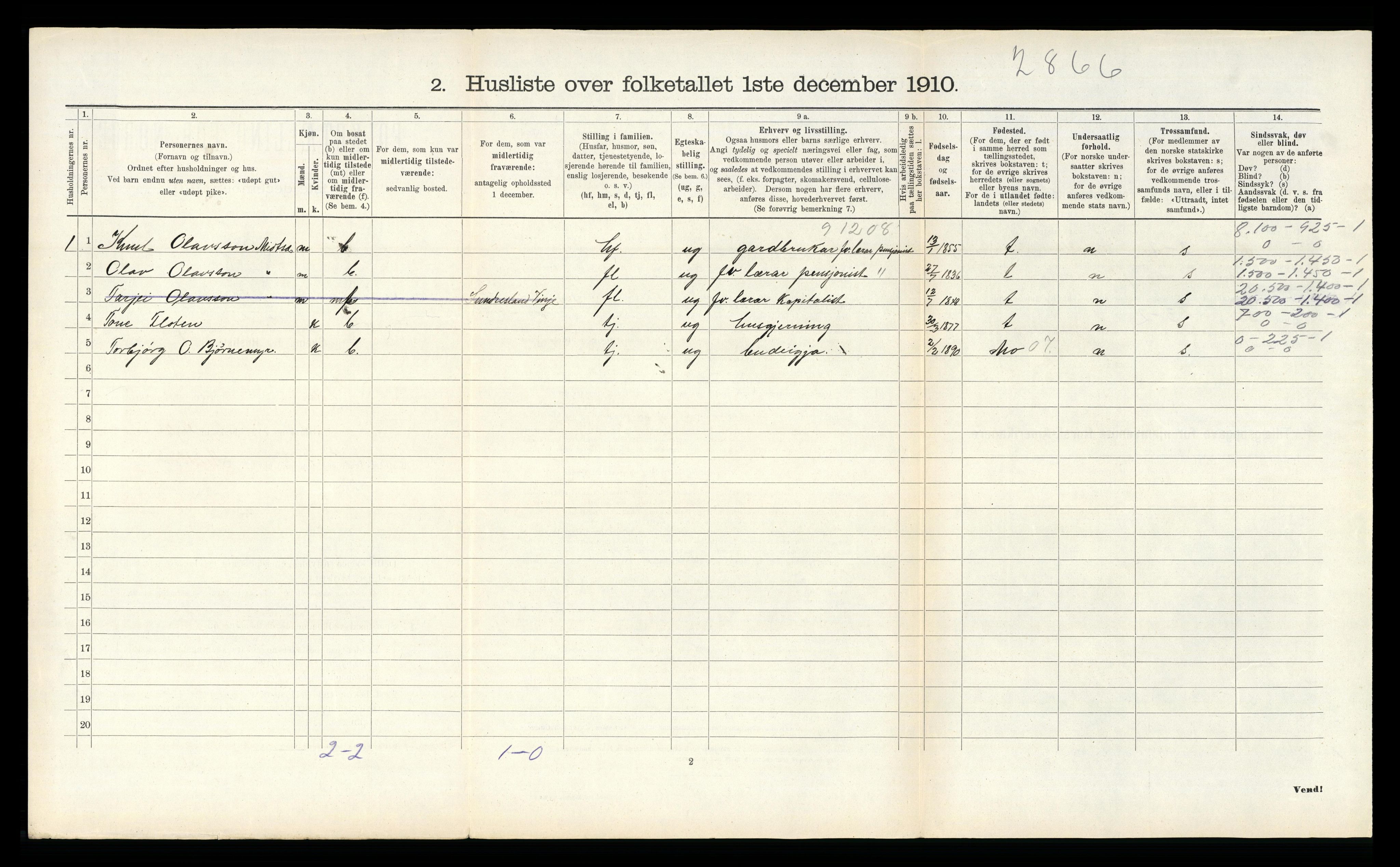 RA, 1910 census for Vinje, 1910, p. 319