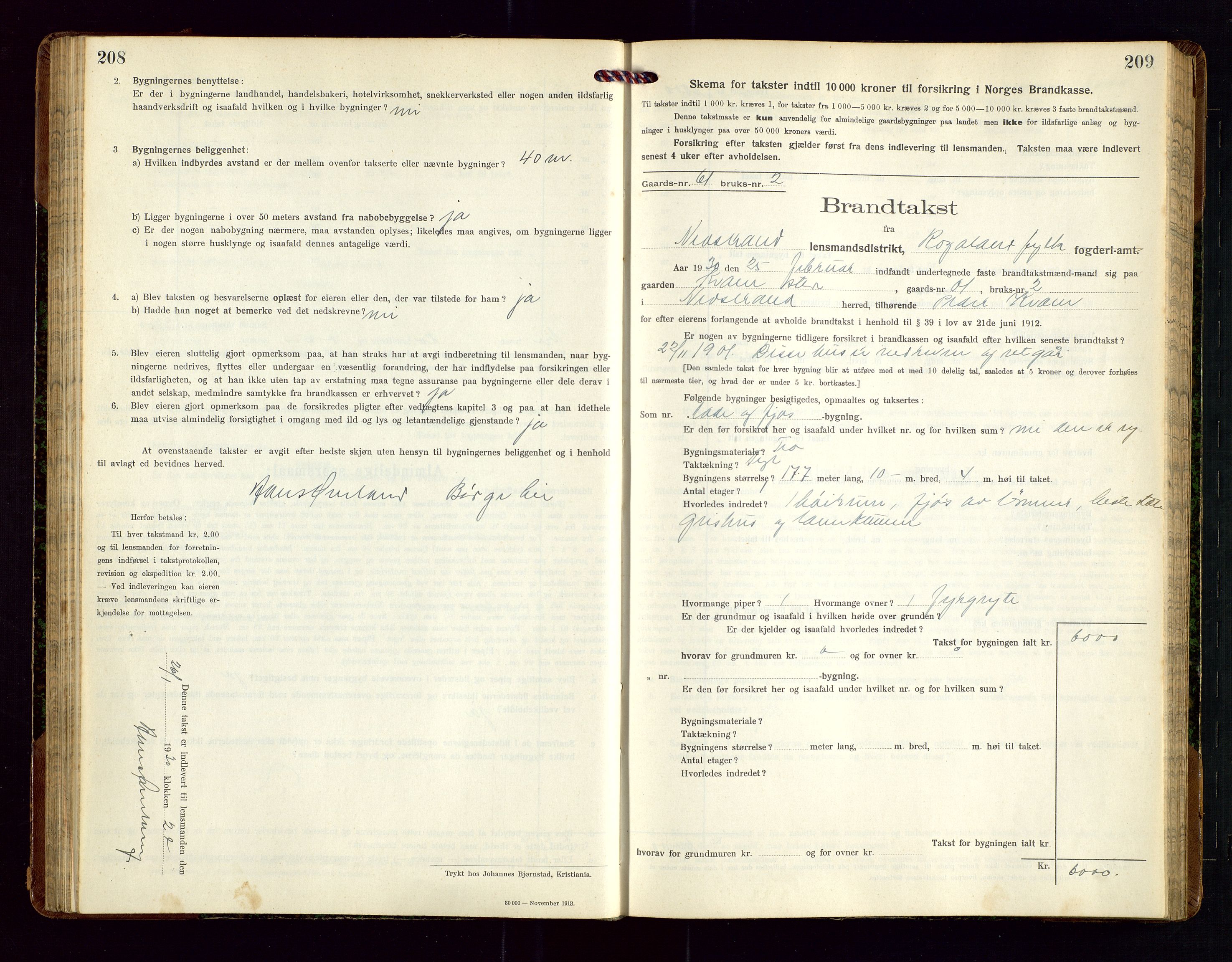 Nedstrand lensmannskontor, SAST/A-100236/Gob/L0002: "Brandtakstprotokol for Nerstrand lensmandsdistrikt Rogaland Fylke", 1916-1949, p. 208-209
