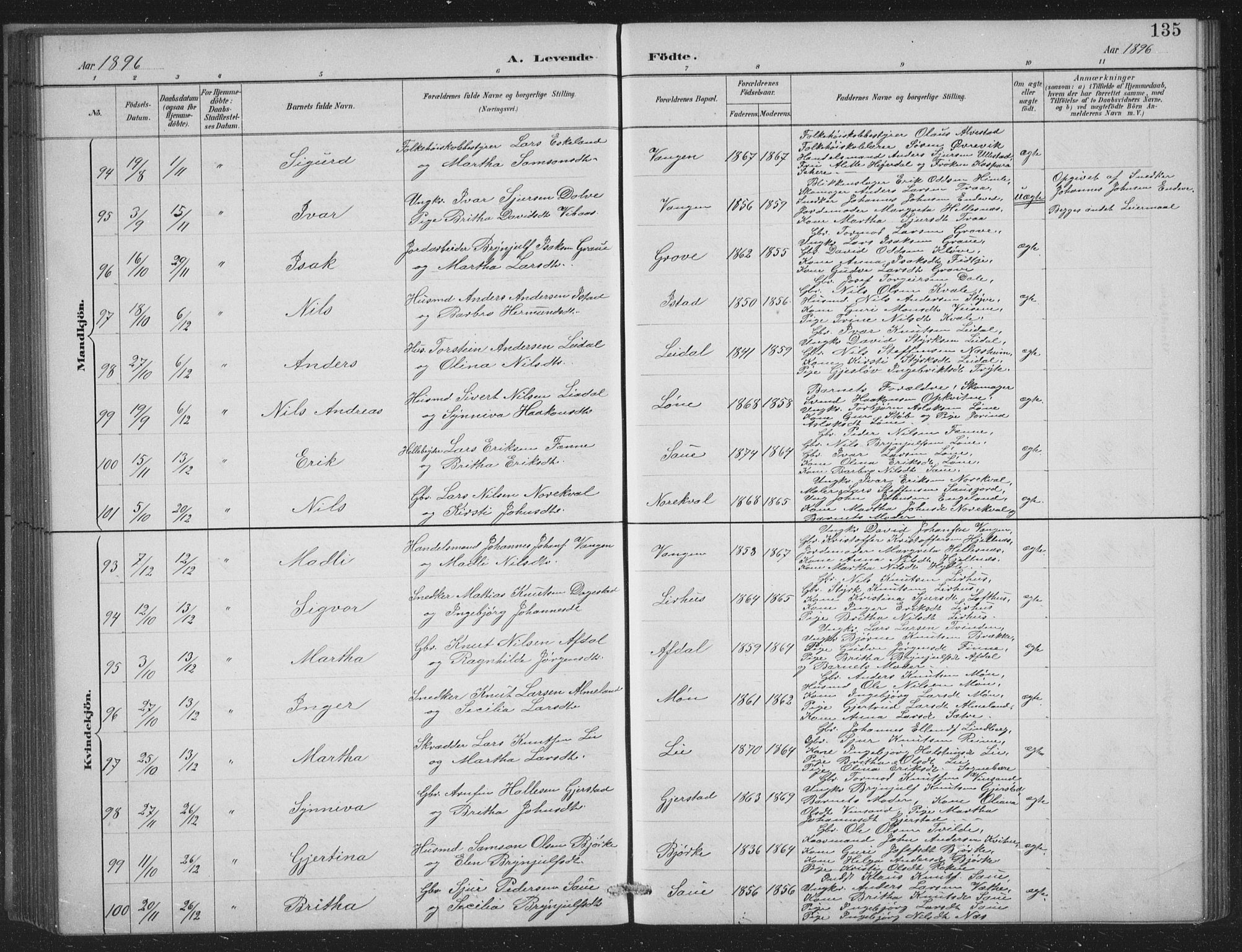 Voss sokneprestembete, SAB/A-79001/H/Hab: Parish register (copy) no. C 1, 1886-1899, p. 135