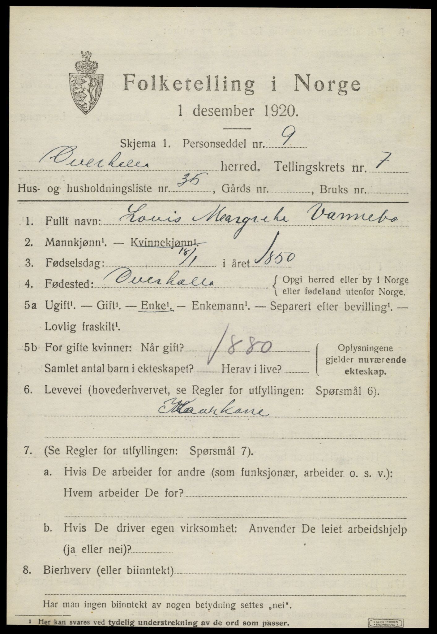 SAT, 1920 census for Overhalla, 1920, p. 5382