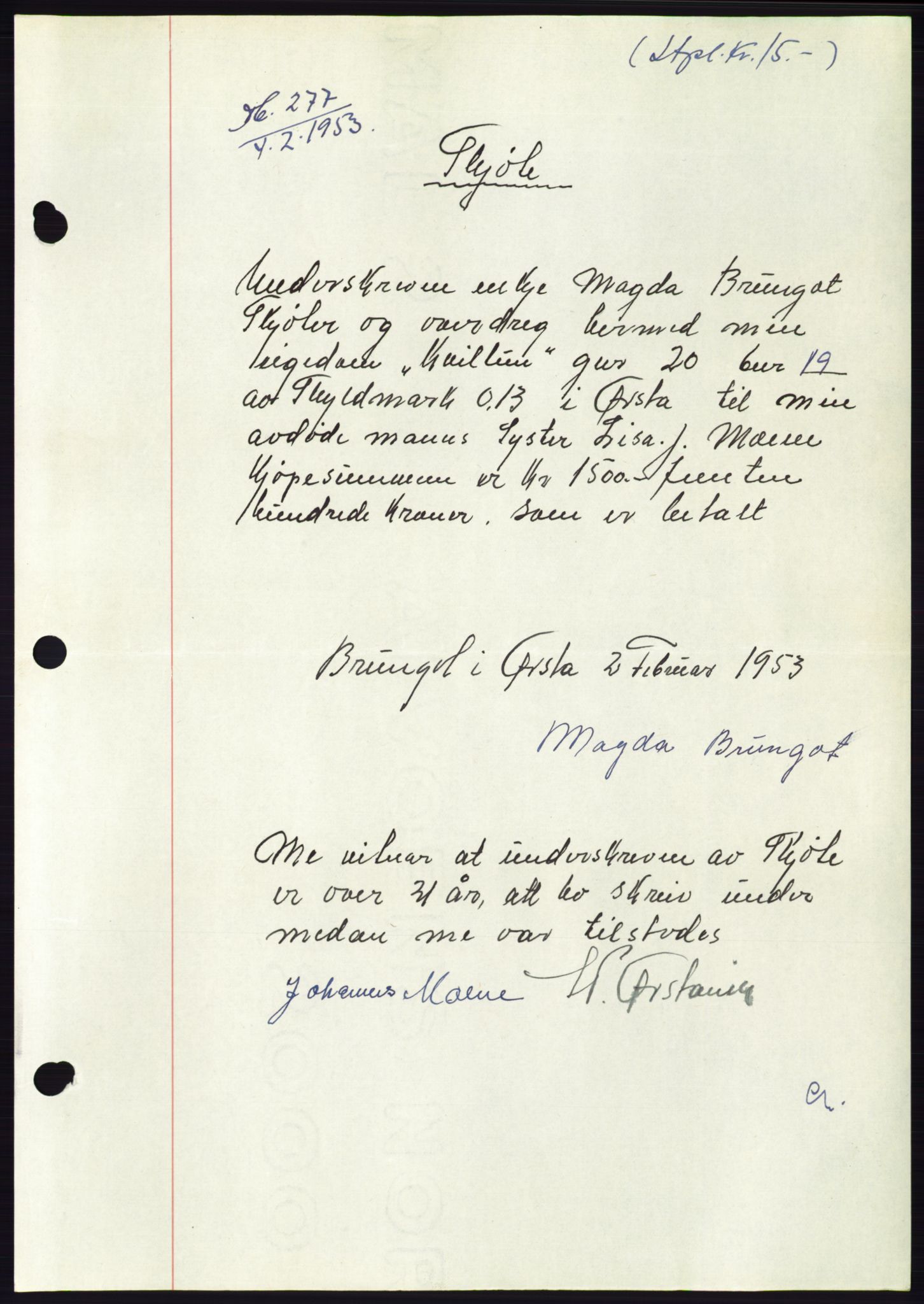 Søre Sunnmøre sorenskriveri, AV/SAT-A-4122/1/2/2C/L0094: Mortgage book no. 20A, 1953-1953, Diary no: : 277/1953