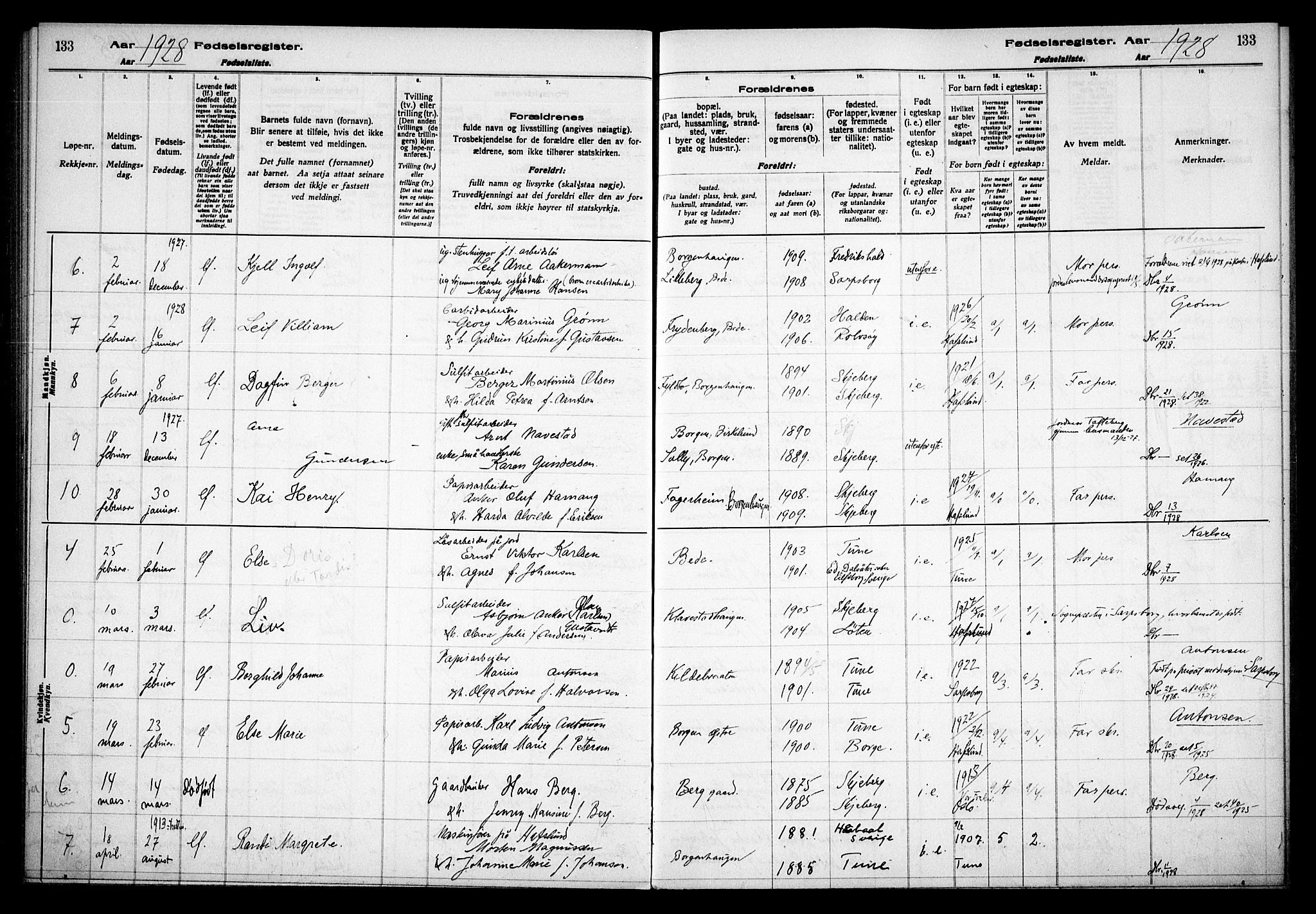 Skjeberg prestekontor Kirkebøker, SAO/A-10923/J/Jd/L0001: Birth register no. IV 1, 1916-1935, p. 133