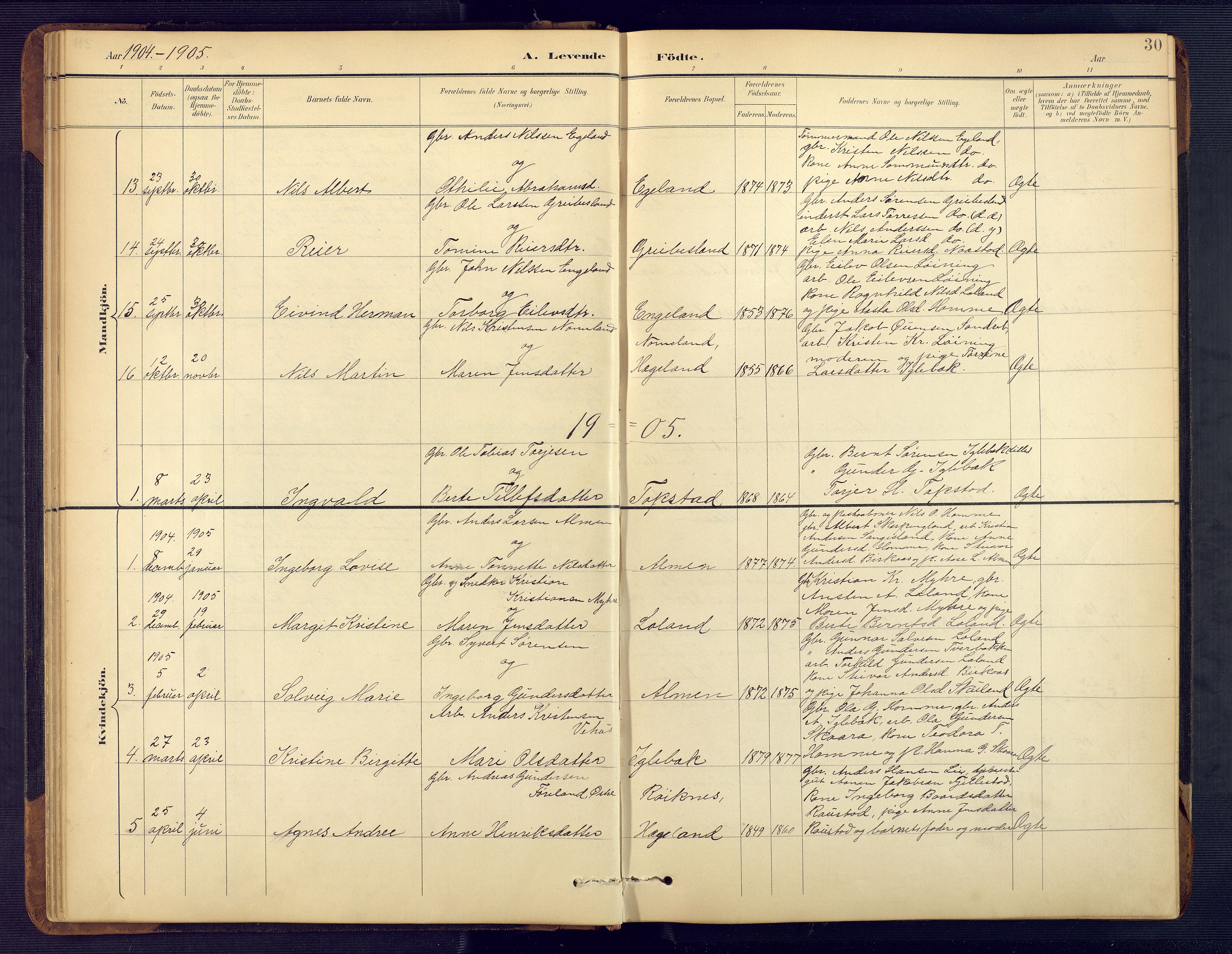 Vennesla sokneprestkontor, SAK/1111-0045/Fb/Fbc/L0003: Parish register (copy) no. B 3, 1895-1946, p. 30