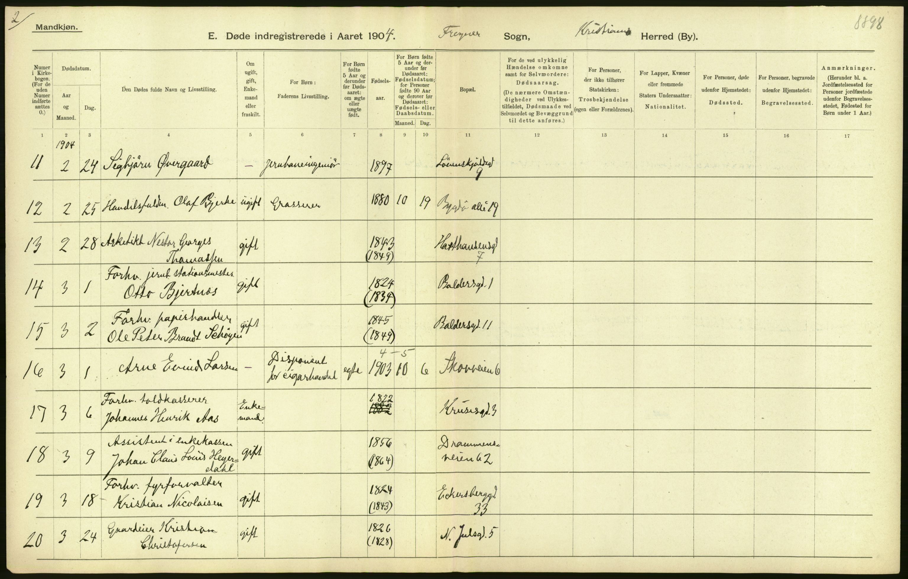 Statistisk sentralbyrå, Sosiodemografiske emner, Befolkning, AV/RA-S-2228/D/Df/Dfa/Dfab/L0004: Kristiania: Gifte, døde, 1904, p. 278